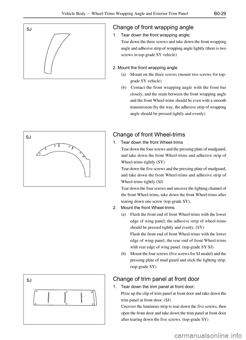 GREAT WALL SAFE 2006 Service Manual B0-29
SJSJ
SJVehicle BodyWheel-Trims Wrapping Angle and Exterior Trim Panel
Change of trim panel at front door
1. Tear down the trim panel at front door;
Prize up the clip of trim panel at front door GREAT WALL SAFE 2006 Service Manual B0-29
SJSJ
SJVehicle BodyWheel-Trims Wrapping Angle and Exterior Trim Panel
Change of trim panel at front door
1. Tear down the trim panel at front door;
Prize up the clip of trim panel at front door