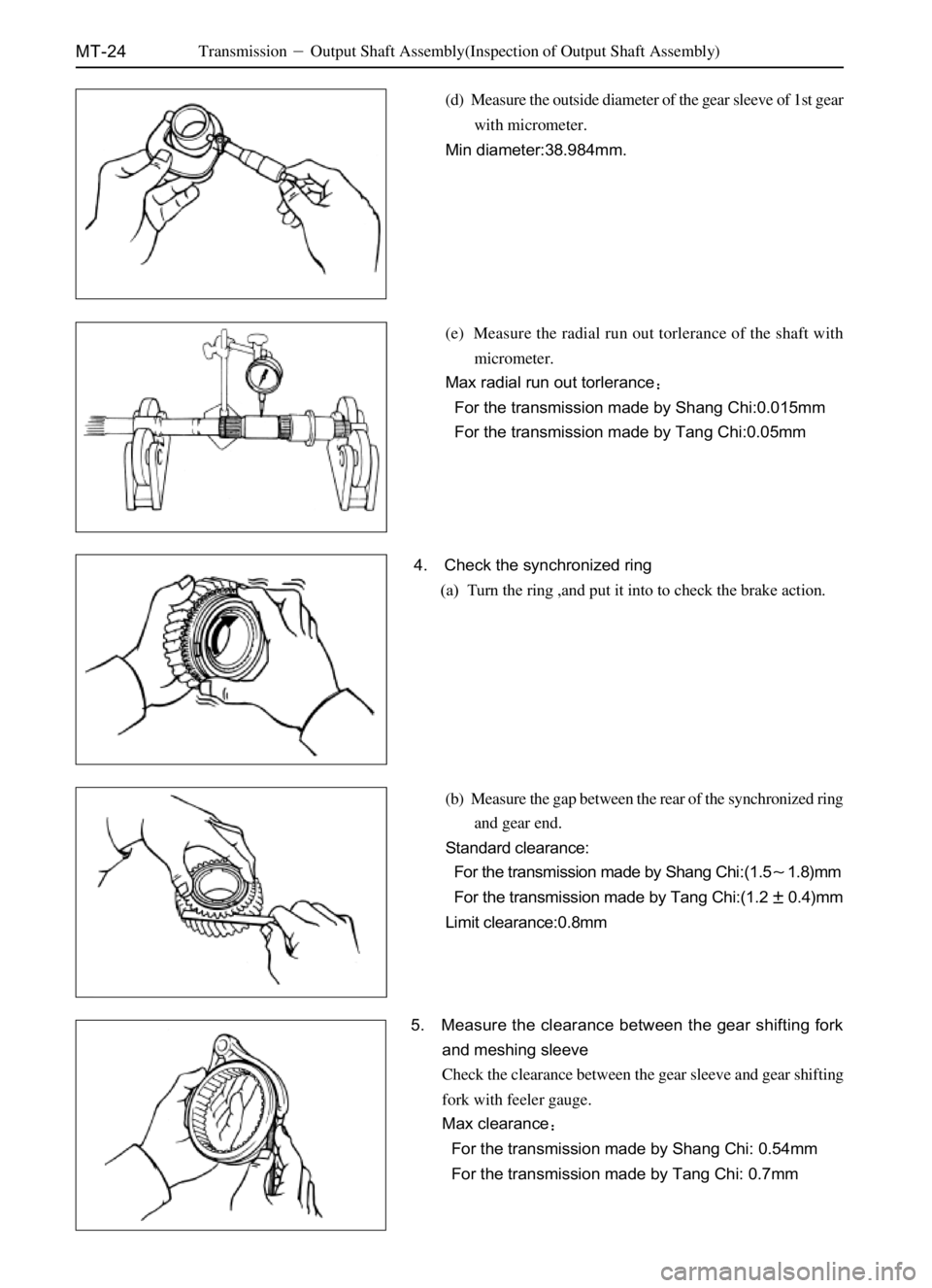 GREAT WALL SAFE 2006  Service Manual MT-24
(d)  Measure the outside diameter of the gear sleeve of 1st gear
with micrometer.
Min diameter:38.984mm.
(e)  Measure the radial run out torlerance of the shaft with
micrometer.
Max radial run o