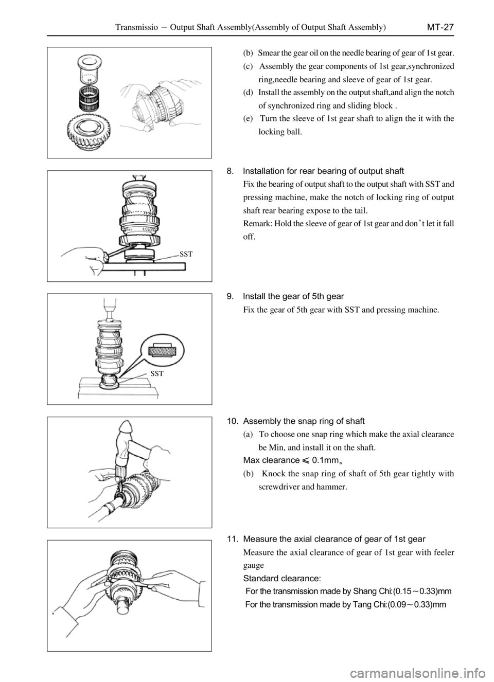 GREAT WALL SAFE 2006 Service Manual MT-27TransmissioOutput Shaft Assembly(Assembly of Output Shaft Assembly)
SST
SST
(b) Smear the gear oil on the needle bearing of gear of 1st gear.
(c) Assembly the gear components of 1st gear,syn GREAT WALL SAFE 2006 Service Manual MT-27TransmissioOutput Shaft Assembly(Assembly of Output Shaft Assembly)
SST
SST
(b) Smear the gear oil on the needle bearing of gear of 1st gear.
(c) Assembly the gear components of 1st gear,syn