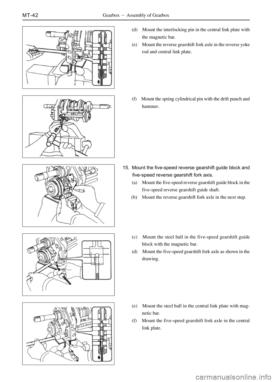 GREAT WALL SAFE 2006  Service Manual MT-42Gearbox Assembly of Gearbox
(d) Mount the interlocking pin in the central link plate with
the magnetic bar.
(e) Mount the reverse gearshift fork axle in the reverse yoke
rod and central link pla