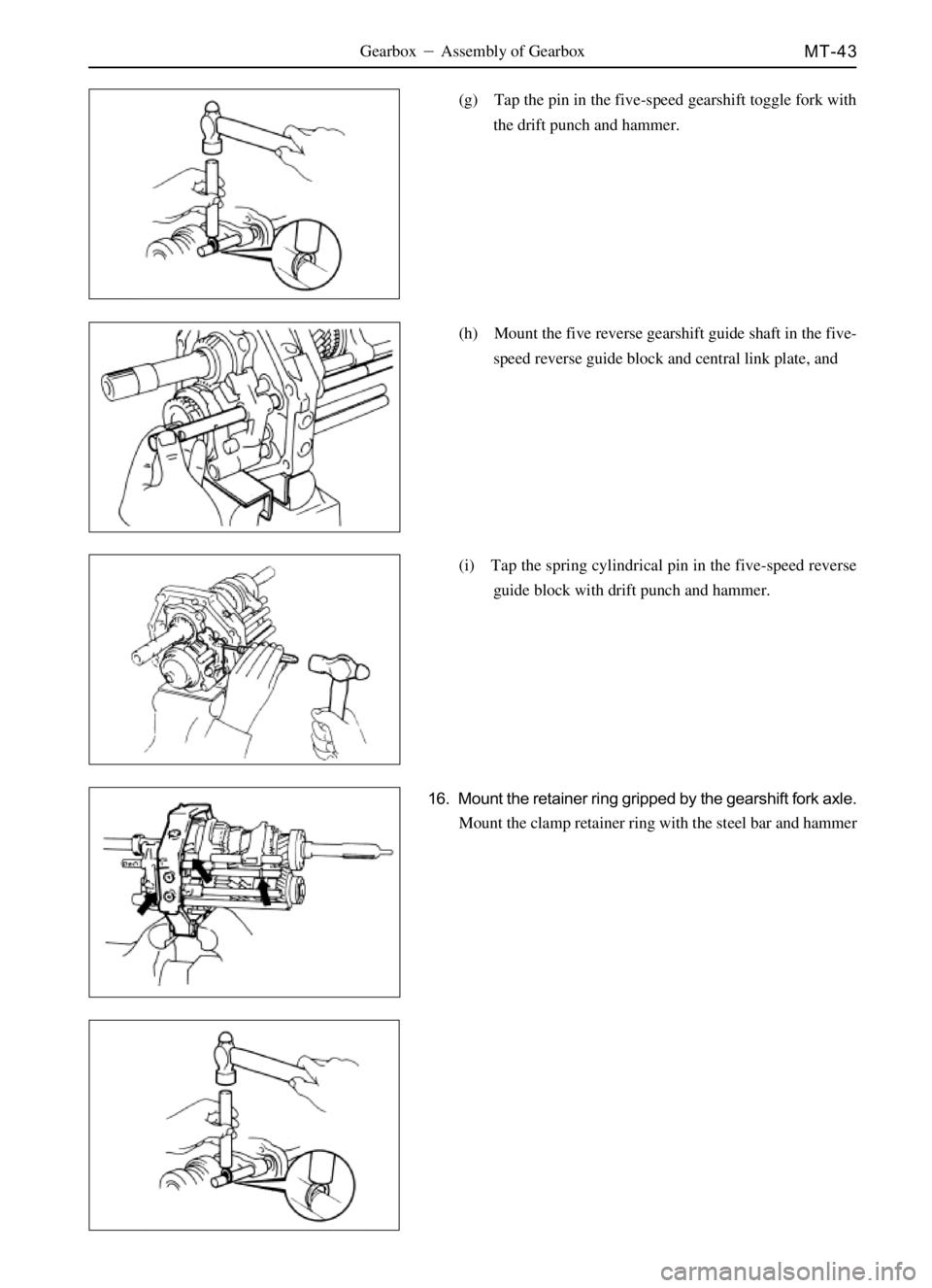 GREAT WALL SAFE 2006  Service Manual MT-43Gearbox Assembly of Gearbox
(g) Tap the pin in the five-speed gearshift toggle fork with
the drift punch and hammer.
(h) Mount the five reverse gearshift guide shaft in the five-
speed reverse g