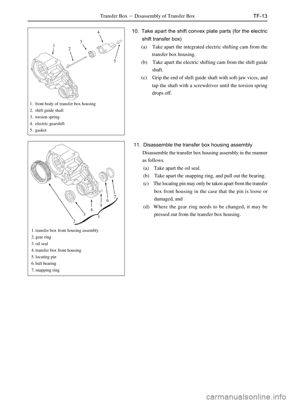 GREAT WALL SAILOR 2006 Service Manual TF-13
1
234
5
7
6
5
4
3
21
Transfer BoxDisassembly of Transfer Box
10. Take apart the shift convex plate parts (for the electric
shift transfer box)
(a) Take apart the integrated electric shifting ca GREAT WALL SAILOR 2006 Service Manual TF-13
1
234
5
7
6
5
4
3
21
Transfer BoxDisassembly of Transfer Box
10. Take apart the shift convex plate parts (for the electric
shift transfer box)
(a) Take apart the integrated electric shifting ca