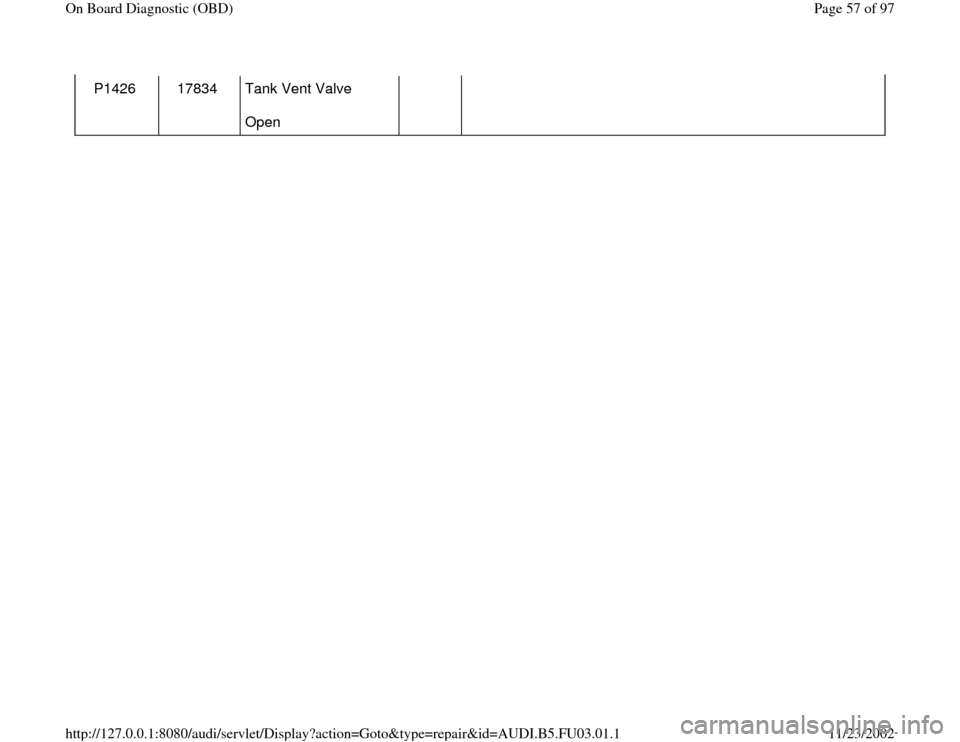 AUDI A6 2000 C5 / 2.G AHA Engine On Board Diagnostic Workshop Manual P1426   17834   Tank Vent Valve  
Open       
Pa
ge 57 of 97 On Board Dia
gnostic 
(OBD
)
11/23/2002 htt
p://127.0.0.1:8080/audi/servlet/Dis
play?action=Goto&t
yp
e=re
pair&id=AUDI.B5.FU03.01.1 