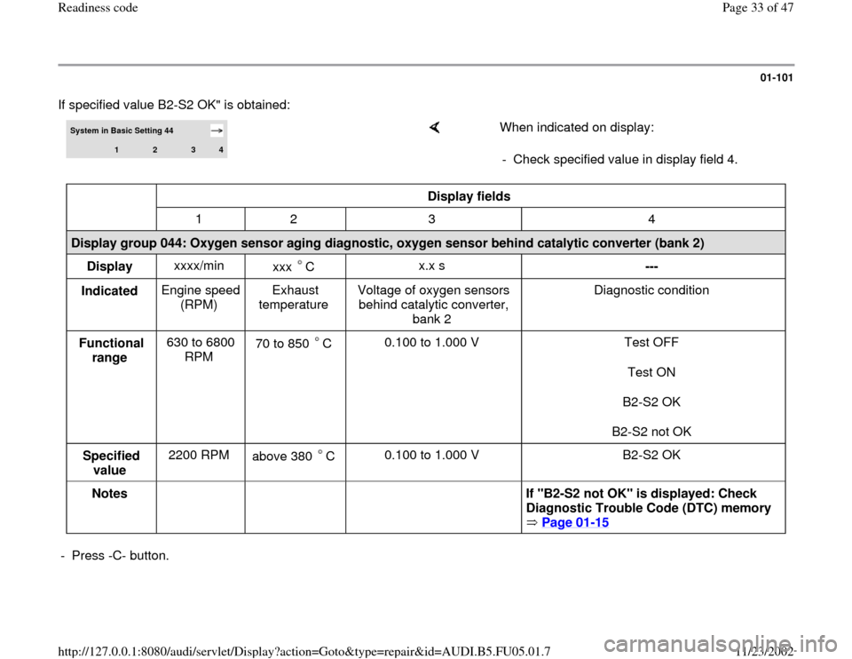 AUDI A4 1997 B5 / 1.G ATQ Engine Readiness Code Workshop Manual 01-101
 If specified value B2-S2 OK" is obtained:  
System in Basic Setting 44  
1 
2 
3 
4
    
When indicated on display:  
-  Check specified value in display field 4.
  
Display fields  
  
1   2 