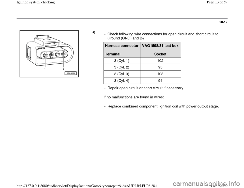 AUDI TT 1998 8N / 1.G ATW Engine Ignition System Workshop Manual 28-12
 
    
If no malfunctions are found in wires:  -  Check following wire connections for open circuit and short circuit to 
Ground (GND) and B+: Harness connector  
Terminal  
VAG1598/31 test box 