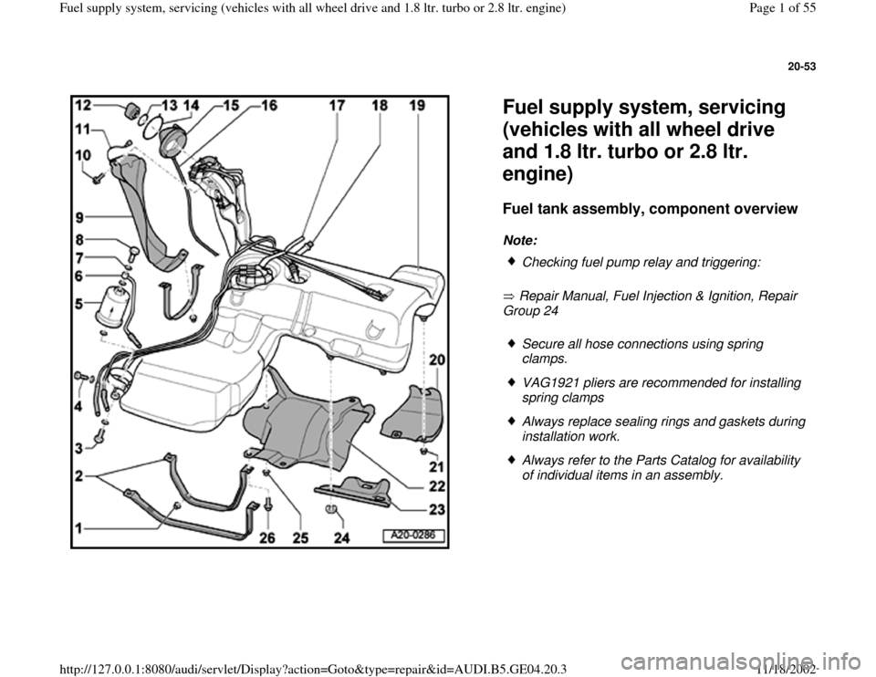 AUDI A4 1999 B5 / 1.G Quattro Fuel Syst 20-53
 
  
Fuel supply system, servicing 
(vehicles with all wheel drive 
and 1.8 ltr. turbo or 2.8 ltr. 
engine) Fuel tank assembly, component overview
 
Note: 
 Repair Manual, Fuel Injection & Ignit