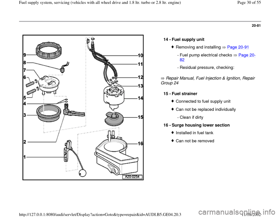 AUDI A4 2000 B5 / 1.G Quattro Fuel Syst 20-81
 
  
 Repair Manual, Fuel Injection & Ignition, Repair 
Group 24    14 - 
Fuel supply unit 
Removing and installing   Page 20
-91
 - Fuel pump electrical checks   Page 20
-
82
 
  - Residual pre