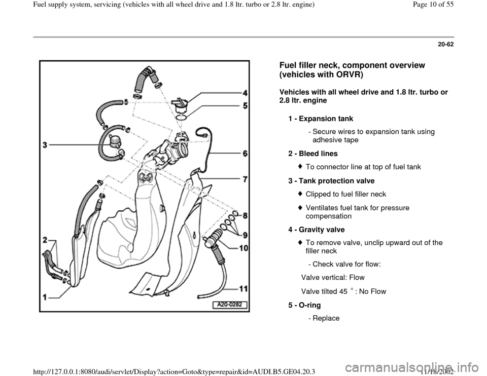 AUDI A4 2000 B5 / 1.G Quattro Fuel Syst 20-62
 
  
Fuel filler neck, component overview 
(vehicles with ORVR)
 
Vehicles with all wheel drive and 1.8 ltr. turbo or 
2.8 ltr. engine  
1 - 
Expansion tank 
 - Secure wires to expansion tank us