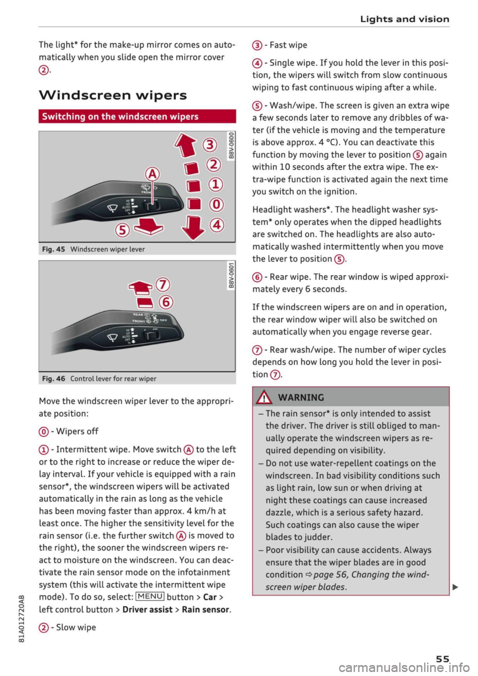 AUDI Q2 2021  Owner´s Manual 
Lights and vision 

CO 

< 
o 
rN 
iv 
rN 
t-H 
o 
< 00 
The light* for the make-up mirror comes on auto­
matically when you slide open the mirror cover 
©• 
Windscreen wipers 
Switching on the w