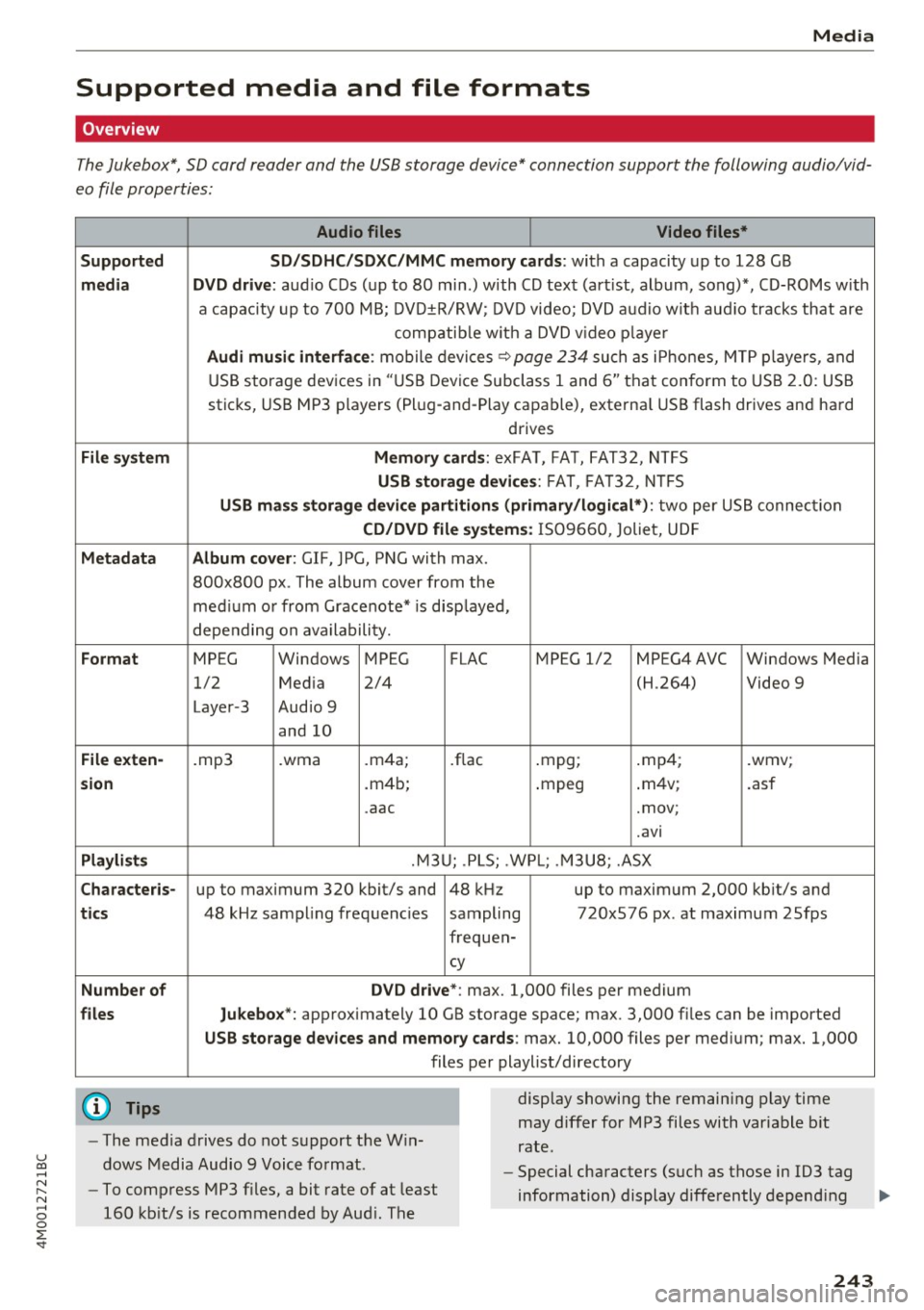 AUDI Q7 2017  Owner´s Manual u co .... N r-... N .... 0 
0 
:E: <t 
Media 
Supported  media  and  file  formats 
Overview 
The Jukebox*,  SD card  reader  and  th e USB storage  d evice*  connection  support  the follo wing  aud