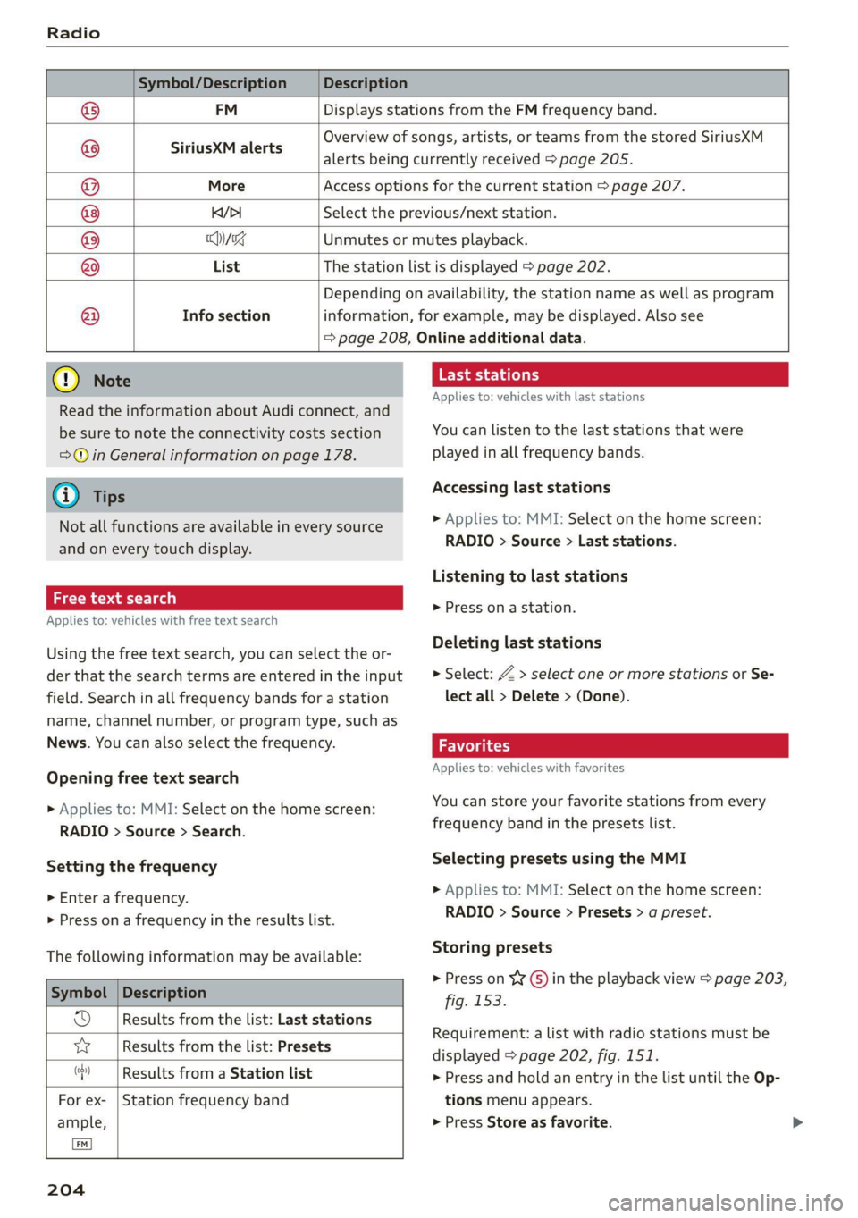 AUDI Q7 2020  Owner´s Manual   
  
Symbol/Description Description 
  
FM Displays stations from the FM frequency band. 
  
SiriusXM alerts 
Overview of songs, artists, or teams from the stored SiriusXM 
alerts being currently rec
