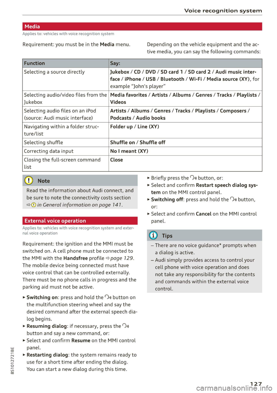 AUDI TT 2021  Owner´s Manual 8S1012721BE 
Voice recognition system 
  
Applies to: vehicles with voice recognition system 
Requirement: you must be in the Media menu. Depending on the vehicle equipment and the ac- 
tive media, yo