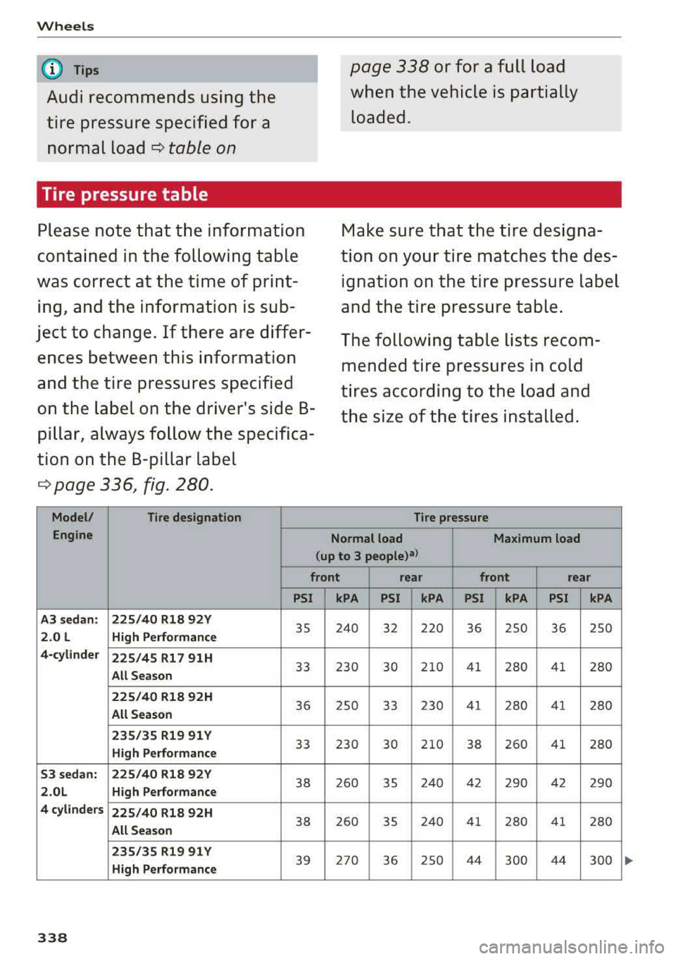 AUDI A3 SEDAN 2017  Owners Manual Wheels 
(D Tips 
Audi recommends  using the 
tire  pressure  specified  for  a  normal  load 
¢ table  on 
Tire  pressure table 
Please  note  that  the  information 
contained  in the  following  ta