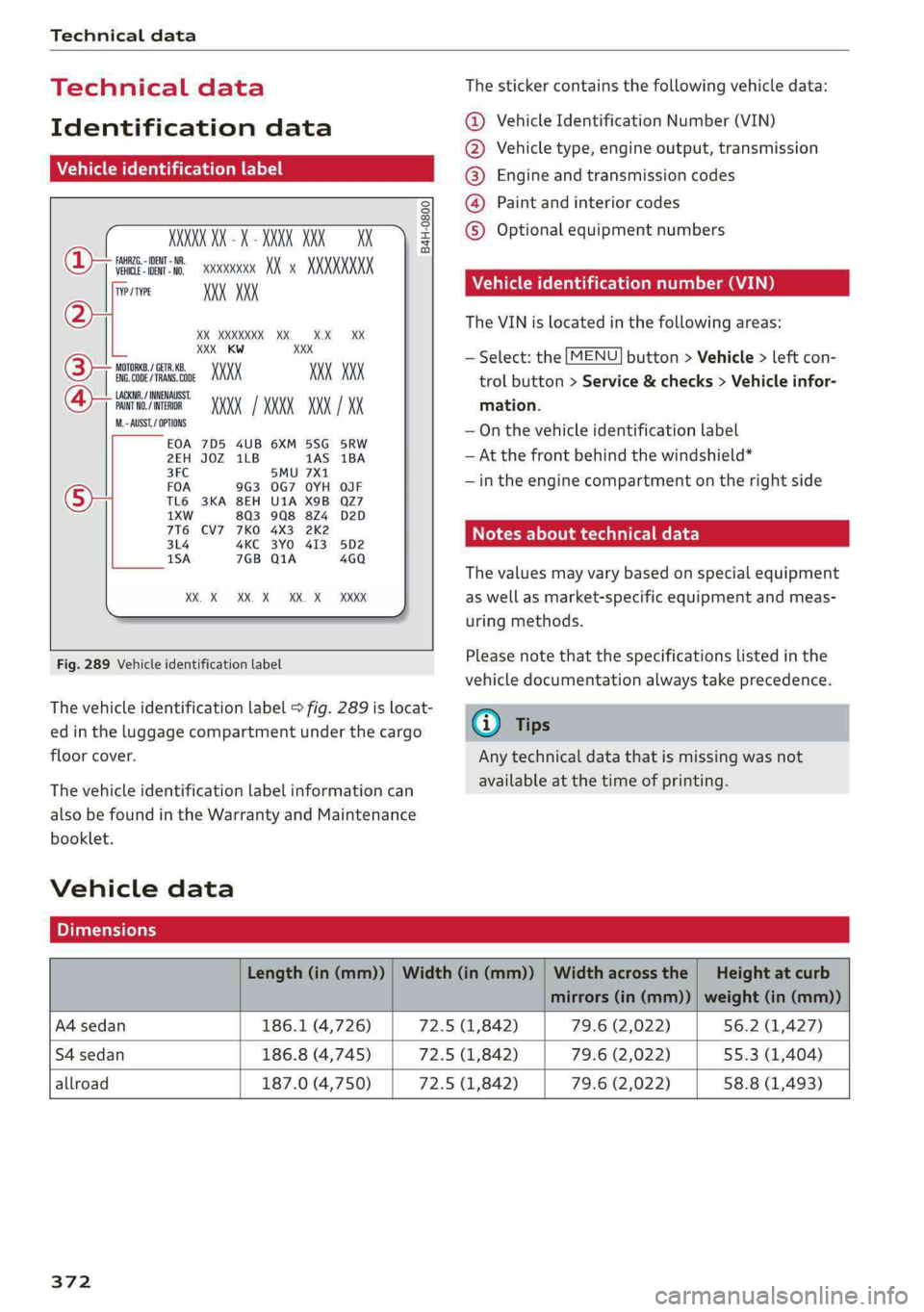 AUDI A4 2019  Owners Manual Technicaldata
 
Technicaldata
Identificationdata
Vehicleidentificationlabel
 
XXXXXXX-X-XXXXXXXXX
WOMEEMTnt,XXXXXXXXXXxXXXXXXKX
XXX XXX
B4H-0800
[Tye/TyPE
XXXXXXXXXXX.X.XXX
XXXKWXXX.
XXX.XXX
‘MOTORK