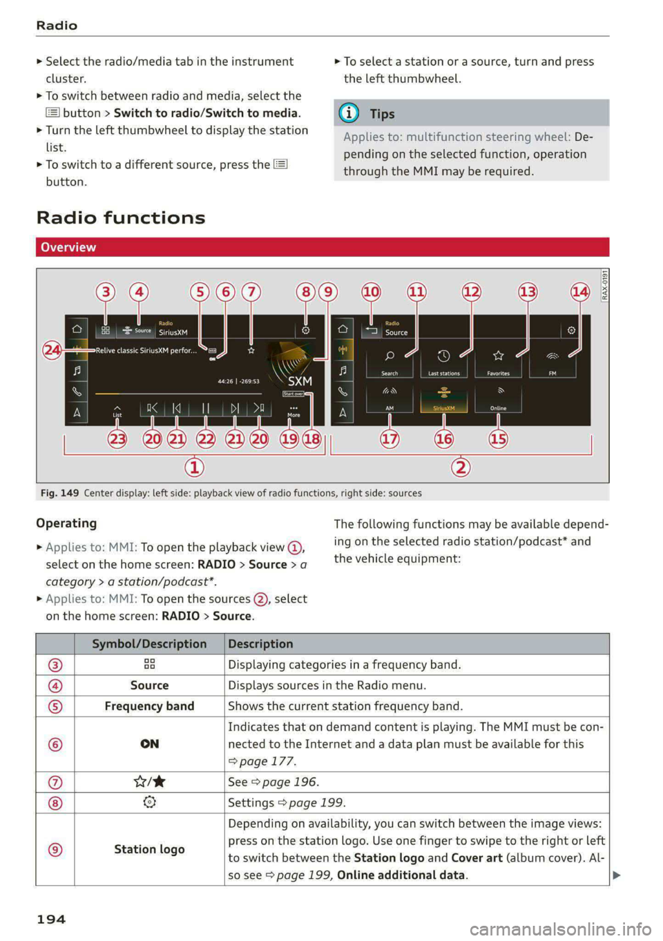 AUDI S4 2021  Owners Manual Radio 
  
> Select the radio/media tab in the instrument > To select a station or a source, turn and press 
cluster. the left thumbwheel. 
> To switch between radio and media, select the 
button > Swi