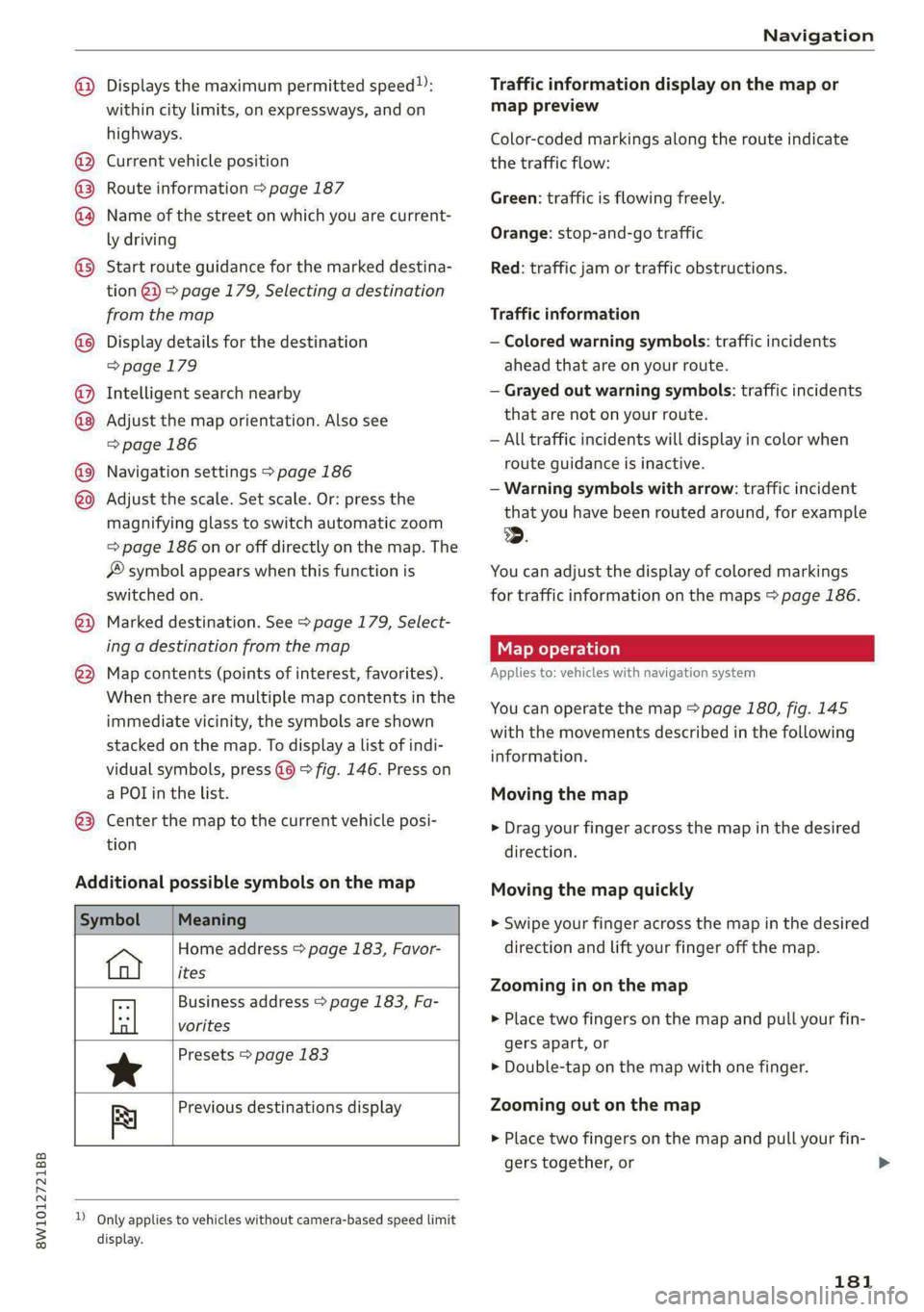 AUDI A4 2020  Owners Manual 8W1012721BB 
Navigation 
  
@ 
©®® 
O8© 
@ 
® 
OO®8 
®  ® 
® 
Displays the maximum permitted speed”: 
within city limits, on expressways, and on 
highways. 
Current vehicle position 
Route 