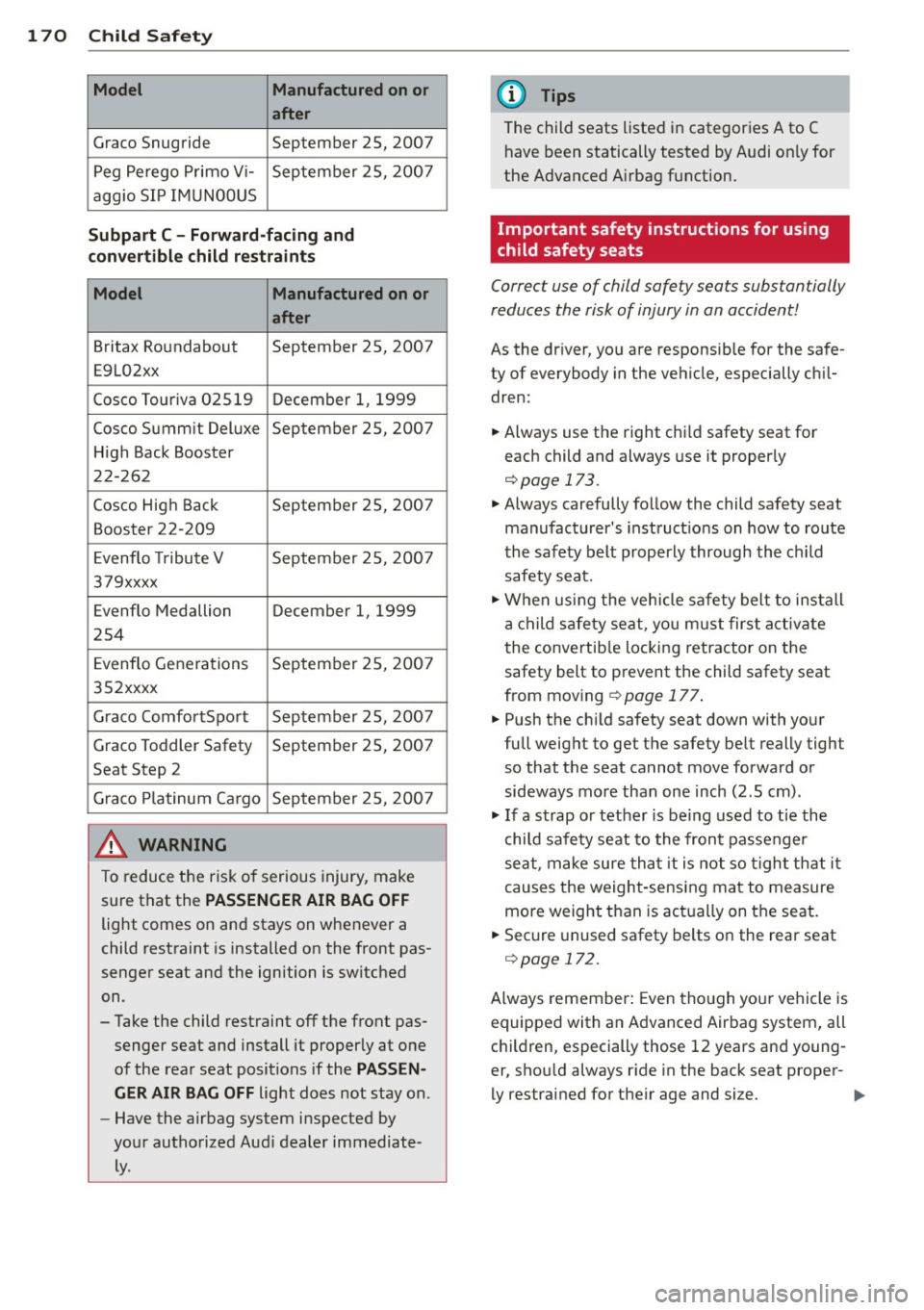 AUDI S4 2014  Owners Manual 1 70  Child  Saf ety 
Model  Manufactured on or 
a fter 
Graco  Snugride  September  2S,  2007 
Peg  Perego  Primo  V i- September  25,  2007 
aggio  SIP  IMUN00US 
Subpart  C  -Forward -facing  and 

