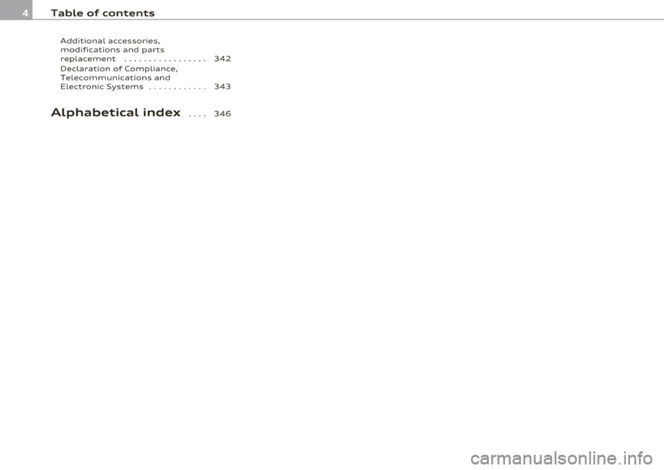 AUDI A5 COUPE 2011  Owners Manual Table  of  contents 
Add iti onal  acce ssor ies, 
mod if ications  and  parts 
replacement  .  .  .  . .  .  .  .  .  .  .  . . .  .  .  .  3 42 
Dec larat ion  of  Comp liance, 
T elecommunicat ions