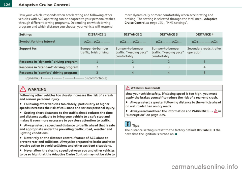 AUDI S6 2010  Owners Manual lffll.___A_ d_ a_,_ p_t _i_ v _e _ C_r_ u_ i_ s_ e_ C_ o_ n_ t_ r_ o_ l __________________________________________  _ 
How your  vehicle  responds  when  accelerating  and  follow ing  other 
veh icle