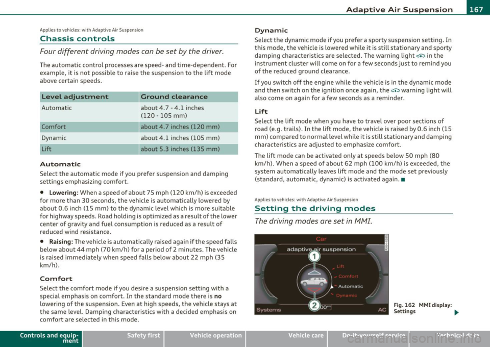 AUDI S6 2010  Owners Manual __________________________________________ A _d_ a __,_ p_t_ i_v _e _ A_i_ r _ S_ u_s __,_p _ e_ n_s _ i_ o _n  _ __.fflll 
A pplie s to  veh icles : with Ad aptive Air Su spen sion 
Chassis  controls