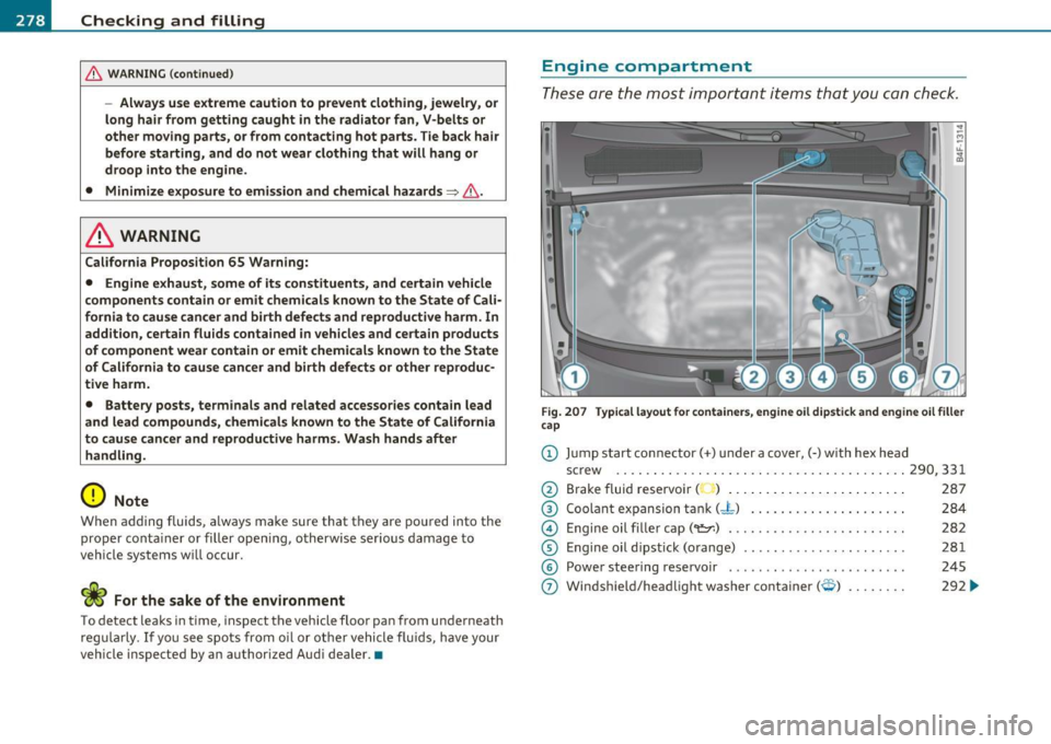 AUDI S6 2010  Owners Manual ffl __ C_h_ e_c _k _i_n -=g :a,__ a_n_ d_ f_ i_ l _li _n _,g;._  __________________________________________  _ 
& WARNING (continued ) 
-Always  use  extreme  caution  to  prevent  clothing,  jewelry,
