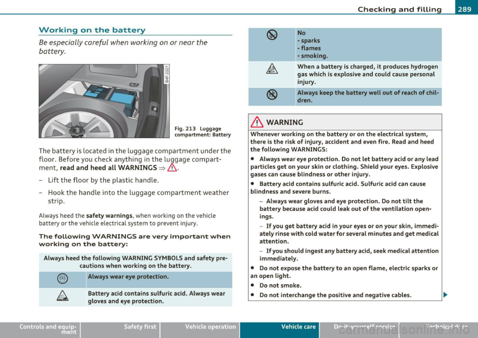 AUDI S6 2010  Owners Manual ___________________________________________ C_ h _ e_c _k _ i_n -=g .._ a_n _ d_ f_i _ll _i _ n -=g -- ........ 
Working  on  the  battery 
Be es peciall y  careful  when  wor kin g  on or  near the 