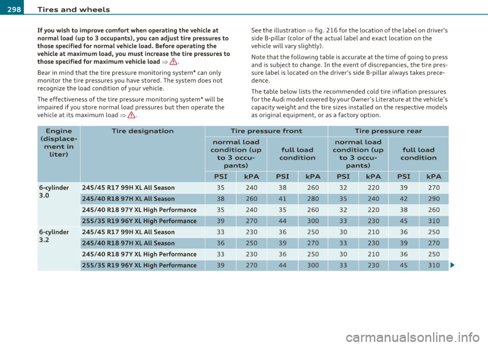 AUDI S6 2010  Owners Manual -~_T_ ir_e_ s_ a_ n_ d_ w_ h_e_ e_ ls _______________________________________________  _ 
If you wish  to  improve  comfort  when  operating the  vehicle  at 
normal  load  (up to  3 o ccupants ), you