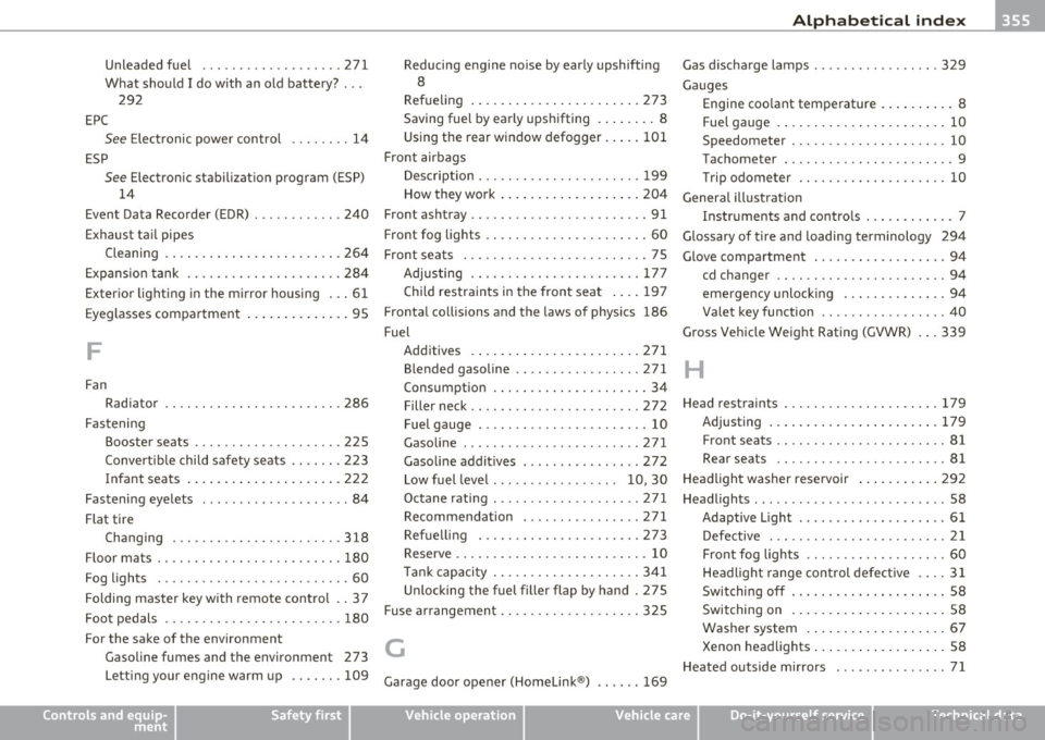 AUDI S6 2010  Owners Manual Alphabetical  index -________________  fNiII 
Unleaded  fuel .... .... ... .. .. . .. . 271 
What  should  I do  with  an  old  battery?  ... 
292 
EPC 
See E lectronic  power  control  ........ 14 
