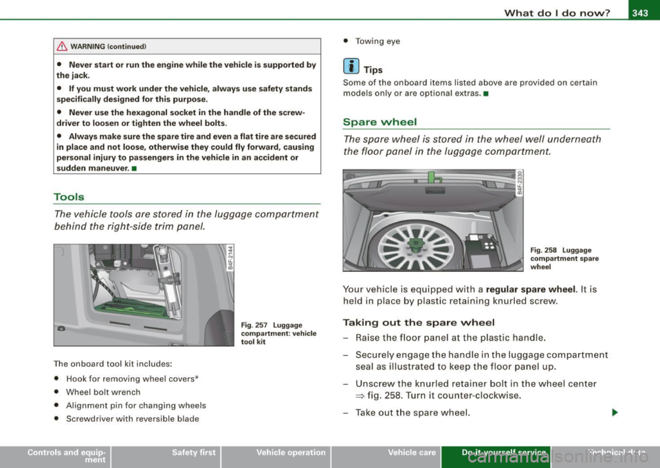 AUDI S6 2009  Owners Manual What  do I do  now? 111111 _______________________________ ....:..:..:..:..:.:..:--=.:..::....:.....:.:...::..___;__ _ __,J 
& WARNING !continued) 
• Never  start  or  run the  engine  while  the  v
