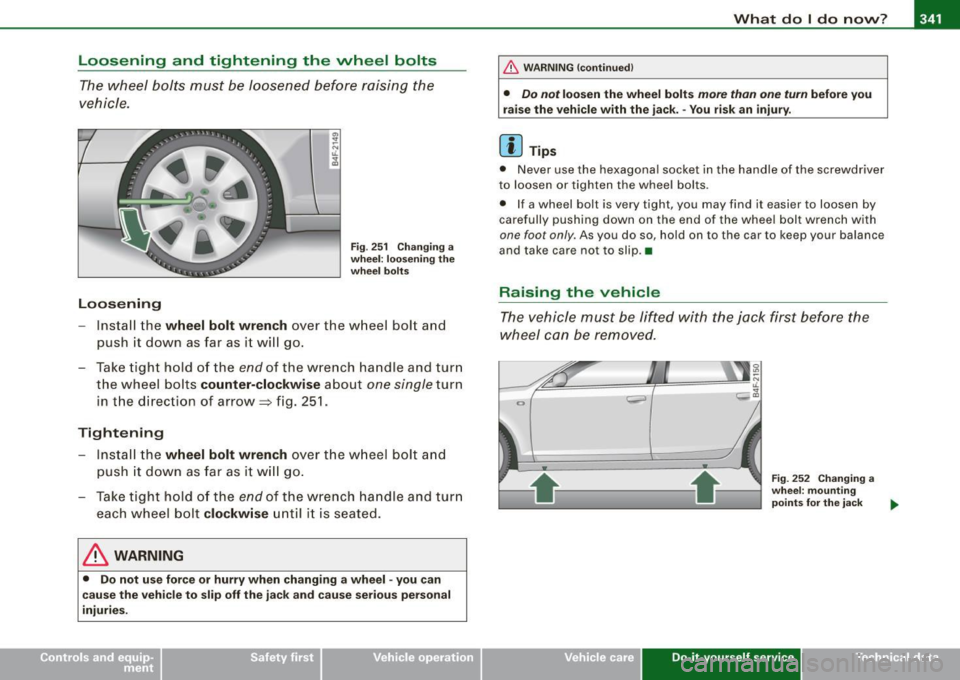 AUDI S6 2008  Owners Manual _______________________________________________ W_ h_ a _ t_d_ o_ l _d _o_ n_ o_ w_ ? _  __._ 
Loosening  and  tightening  the  wheel  bolts 
The wheel  bolts  must  be  loosened  before  raising  the