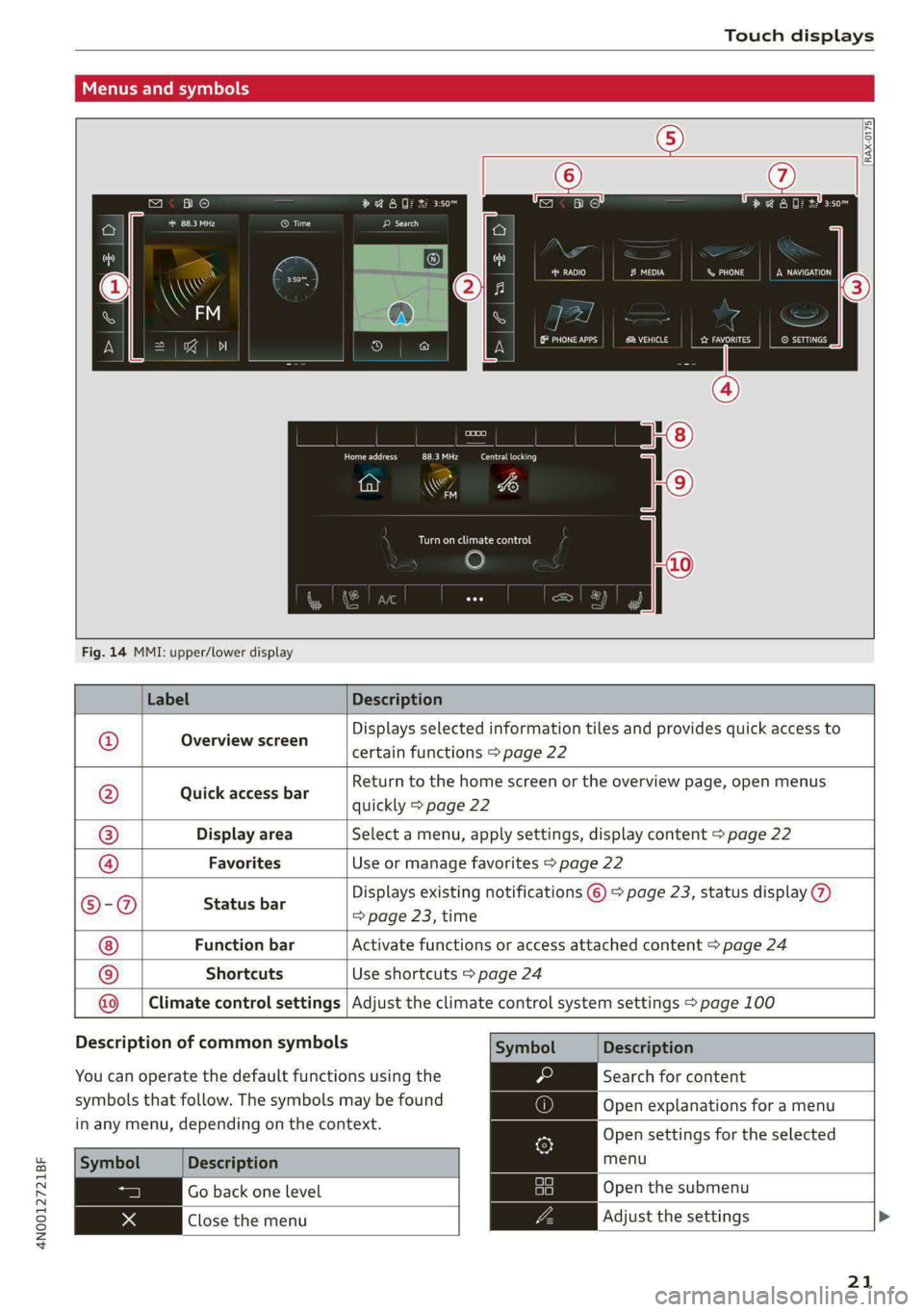 AUDI A8 2021  Owners Manual 4N0012721BF 
Touch displays 
  
  
Menus and symbols 
  
m< bo 
CeCe     
AS 4 
\\ 
RAX-0175| 
| 2 % @ 8 OF h: 350m ee ice 
ce 
Co) CoN ens PINTS} 
any CW Pa LS OauNCS 
Ce eC cc) 
\ 
SD 
Turn on clima