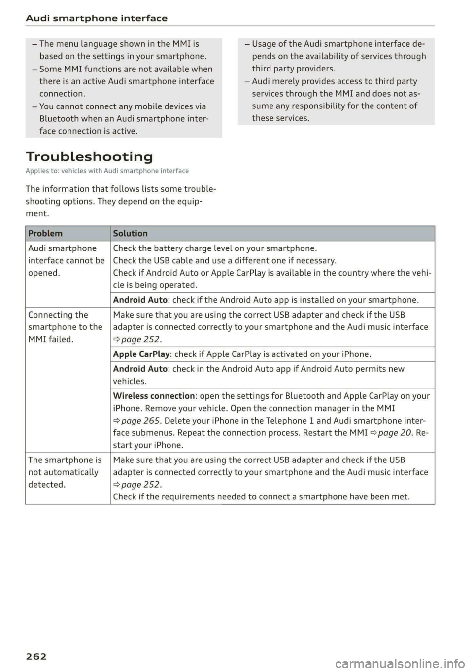 AUDI A8 2021  Owners Manual Audi smartphone interface 
  
— The menu language shown in the MMIis 
based on the settings in your smartphone. 
— Some  MMI functions are not available when 
there is an active Audi smartphone in