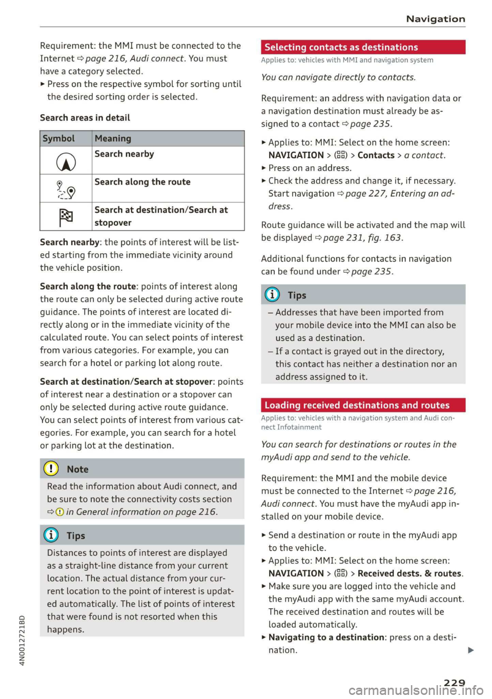 AUDI A8 2020  Owners Manual 4N0012721BD 
Navigation 
  
Requirement: the MMI must be connected to the 
Internet > page 216, Audi connect. You must 
have a category selected. 
> Press on the respective symbol for sorting until 
t