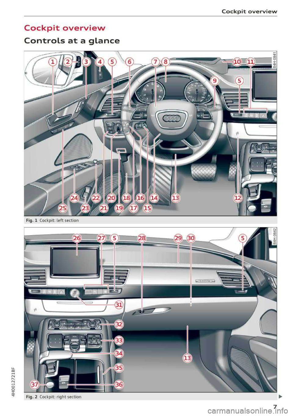 AUDI A8 2018  Owners Manual lL t:0 .... 
" ...... 
" .... 0 0 :c -<I" 
Cockpit  overview  
Controls  at  a  glance 
Fig. 1 Co ckp it :  left  sec tio n 
Fig. 2 Cockp it:  righ t sect io n 
Cockpit  overview 
... 
7  