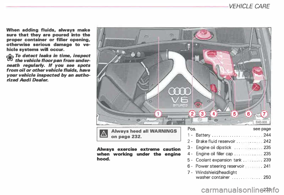 AUDI ALLROAD 2000  Owners Manual When 
adding  fluids, always  make 
sure  that they  are  poured  into the 
proper  container  or filler  opening, 
otherwise  serious damage  to ve­
hicle  systems  will occur. r:Gb To detect  leaks