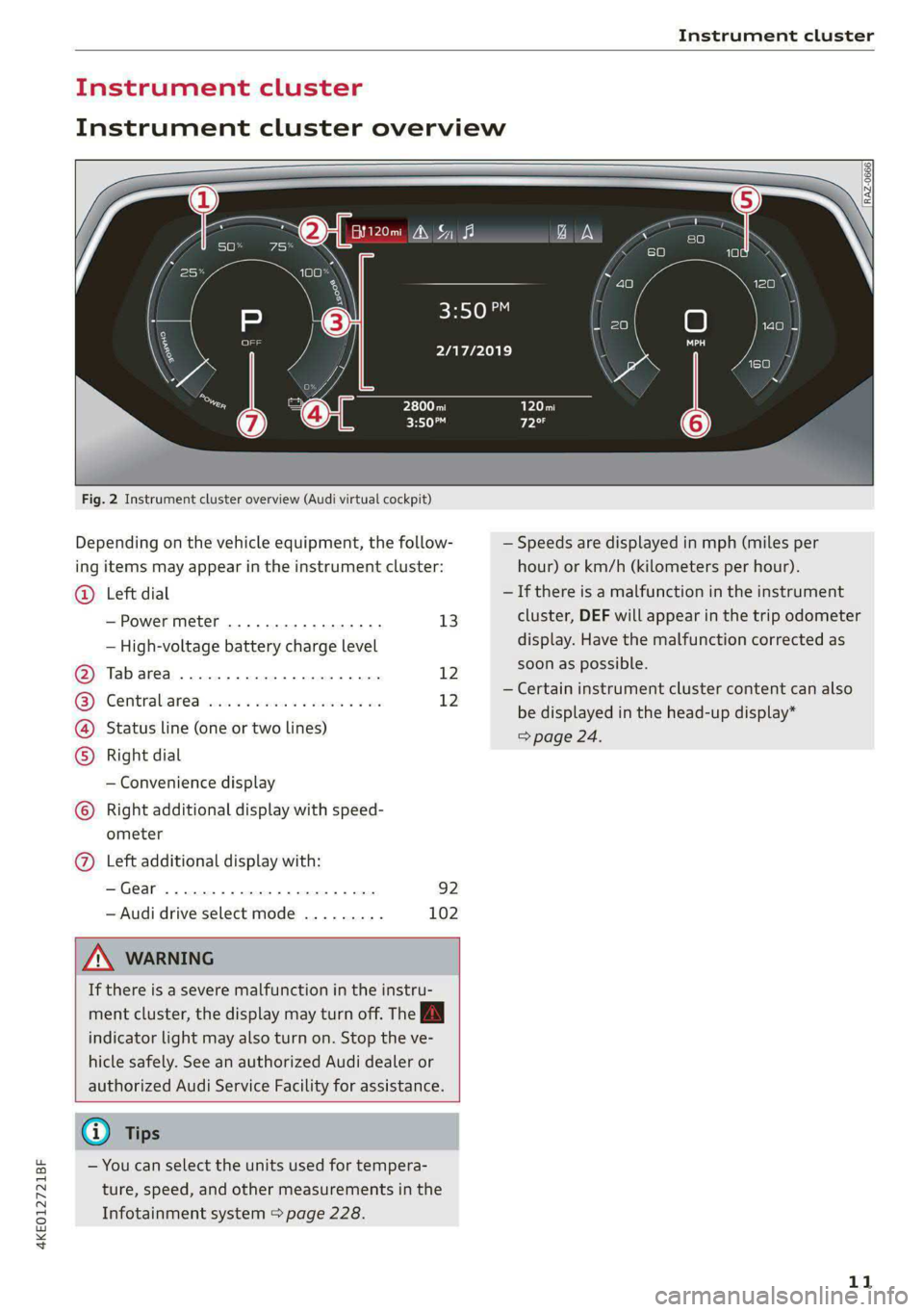 AUDI E-TRON 2021  Owners Manual 4KE012721BF 
Instrument cluster 
  
Instrument cluster 
Instrument cluster overview 
    
  
  
Fig. 2 Instrument cluster overview (Audi virtual cockpit) 
Depending on the vehicle equipment, the follo