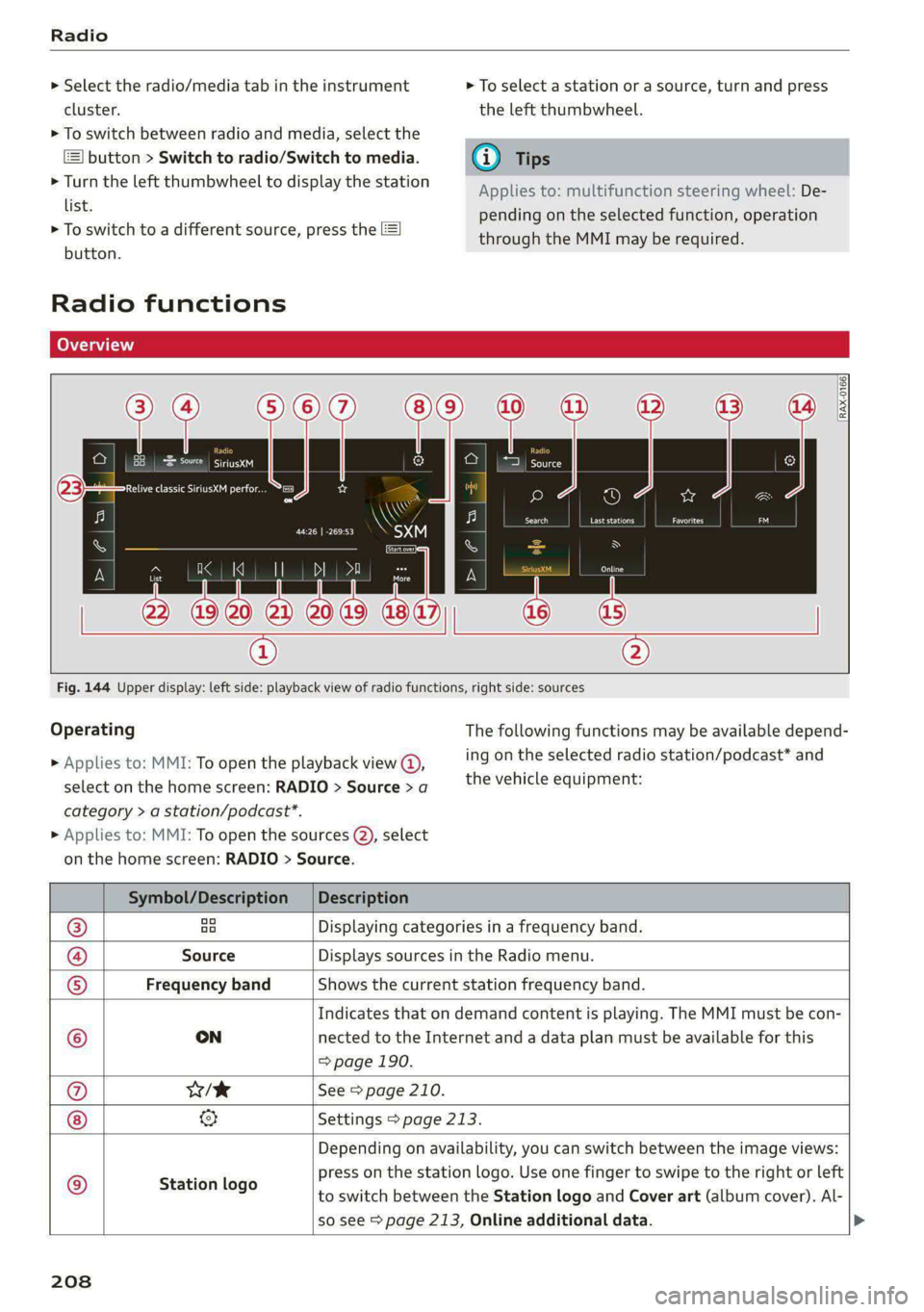 AUDI E-TRON 2021 Owners Manual Radio
> Select the radio/media tab in the instrument > To select a station or a source, turn and press
cluster. the left thumbwheel.
> To switch between radio and media, select the
button > Swi AUDI E-TRON 2021 Owners Manual Radio
> Select the radio/media tab in the instrument > To select a station or a source, turn and press
cluster. the left thumbwheel.
> To switch between radio and media, select the
button > Swi
