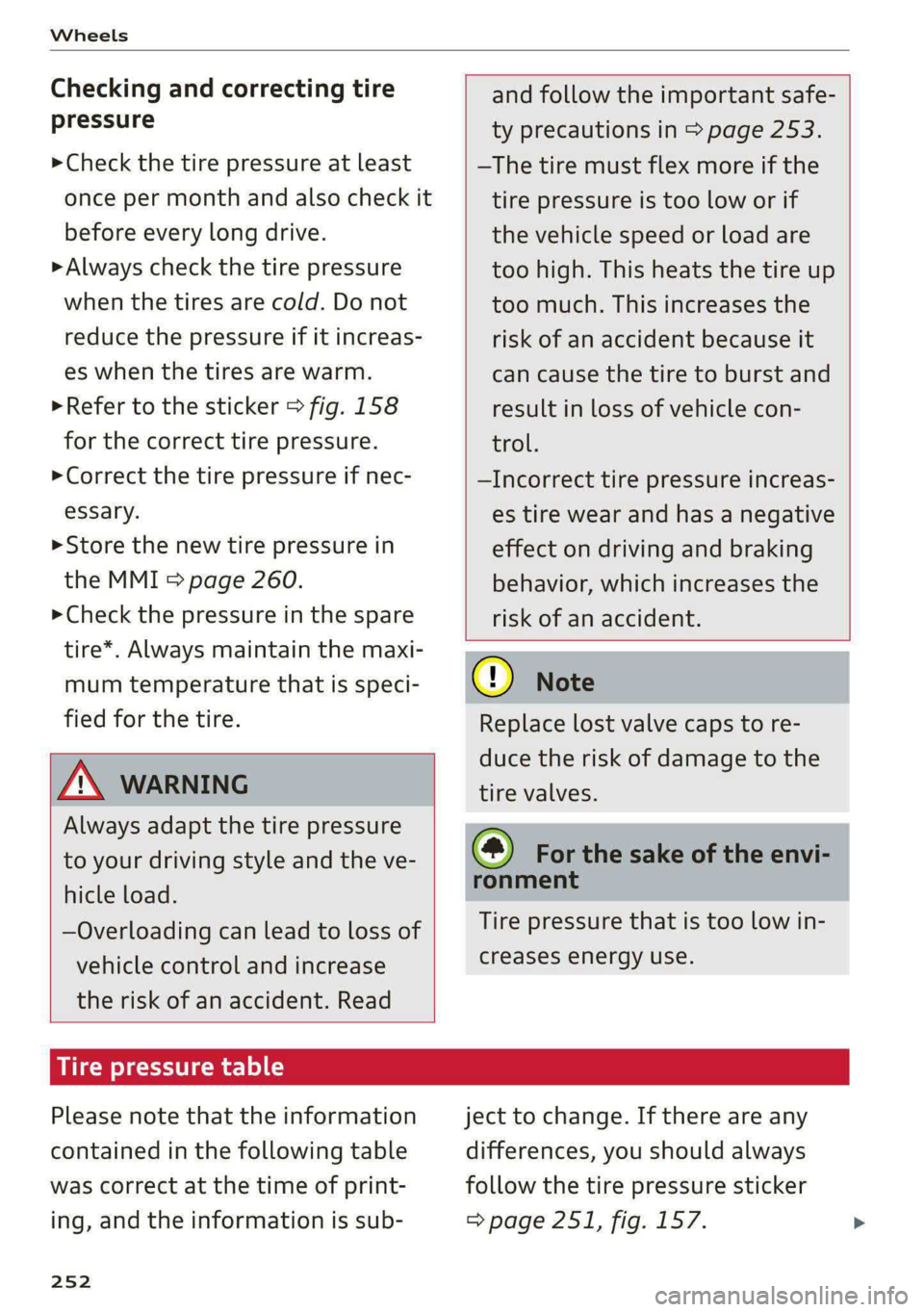 AUDI E-TRON 2021  Owners Manual Wheels 
  
Checking and correcting tire 
pressure 
> Check the tire pressure at least 
once per month and also check it 
before every long drive. 
> Always check the tire pressure 
when the tires are 