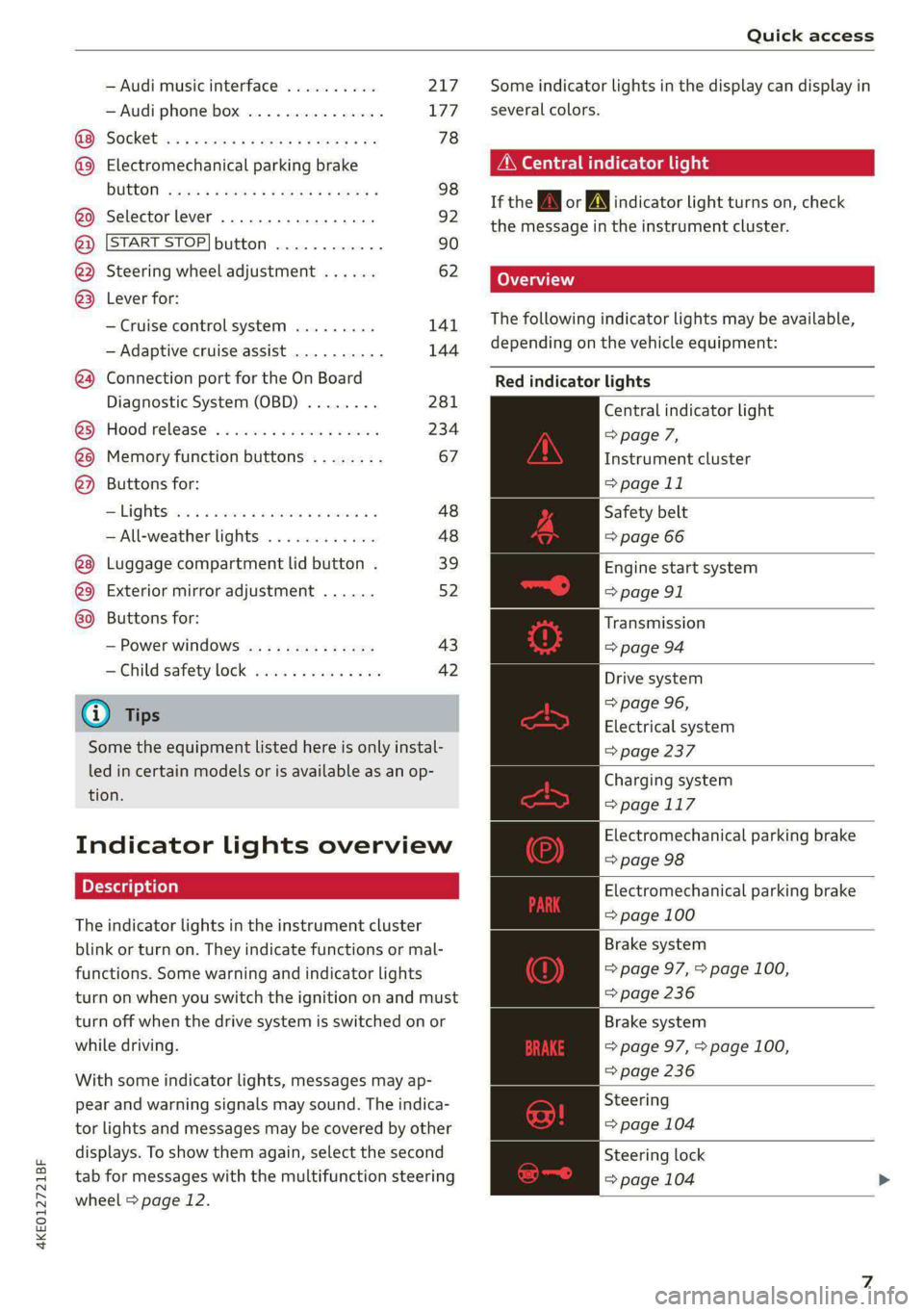 AUDI E-TRON 2021  Owners Manual 4KE012721BF 
Quick access 
  
  
      
— Audi musicinterface .......... 217 
— Audi phone box ............... 177 
Socket wz zs sews x  2 uews yo ees sve 78 
@ Electromechanical parking brake 
BU