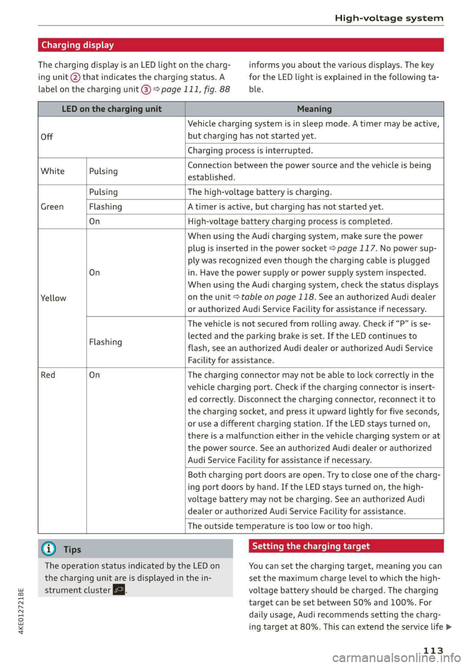 AUDI E-TRON 2020  Owners Manual 4KE012721BE 
High-voltage system 
  
Charging display 
The charging display is an LED light  on the charg- informs you about the various displays. The key 
ing unit @ that indicates the charging statu