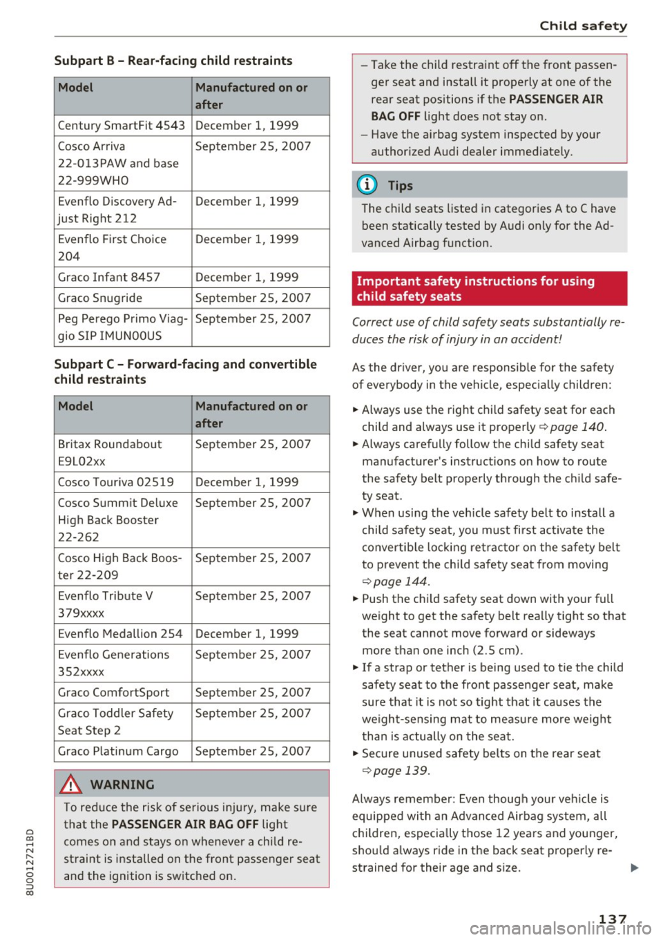 AUDI Q3 2018 Owners Manual 0 co ......
" ,....
" ...... 0 0 :::,
00
Subpart B - Rear-facing child restraints
Model Manufactured on or
after
Century SmartFit 4543 December 1, 1999
Cosco Arriva September 25, 2 AUDI Q3 2018 Owners Manual 0 co ......
" ,....
" ...... 0 0 :::,
00
Subpart B - Rear-facing child restraints
Model Manufactured on or
after
Century SmartFit 4543 December 1, 1999
Cosco Arriva September 25, 2