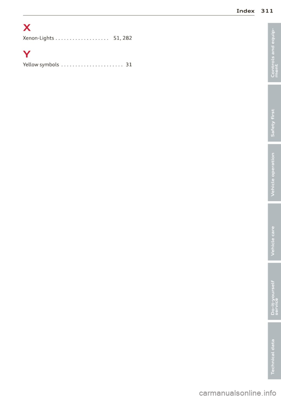 AUDI Q5 2014  Owners Manual Index 311 
X • 
Xenon -Lights  . . .  . . . .  . . . .  . . .  . .  . .  .  5 1, 28 2 • 
y 
Yellow  symbol s . . . . . . . . . . . .  . .  . .  . .  . . . .  3 1  