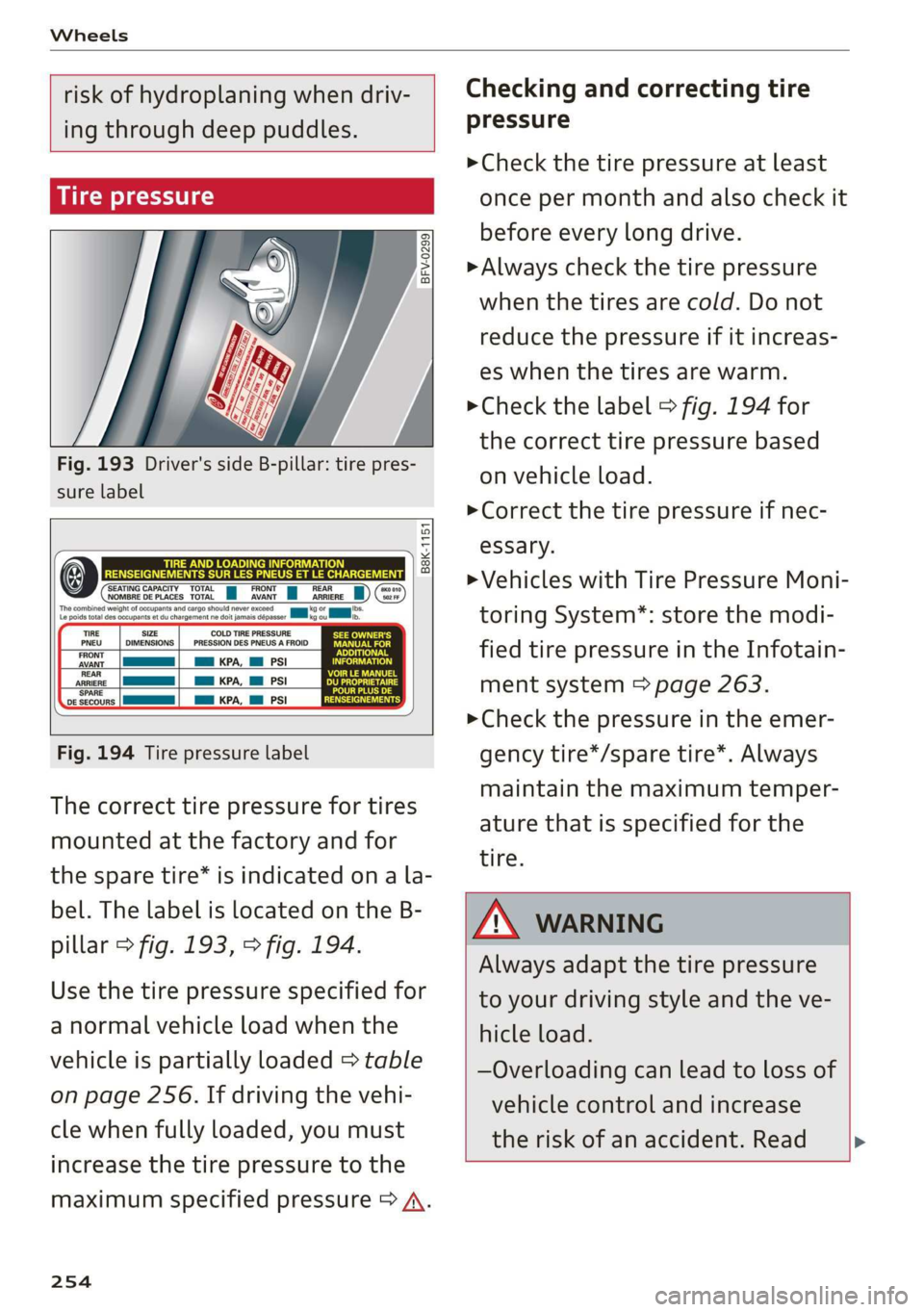 AUDI R8 COUPE 2020  Owners Manual Wheels 
  
  
risk of hydroplaning when driv- 
ing through deep puddles. 
SUT cw yee) 
  
BFV-0299 
  
  
Fig. 193 Driver's side B-pillar: tire pres- 
sure label 
  
  
B8K-1151 
  FRONT 
AVANT 
R