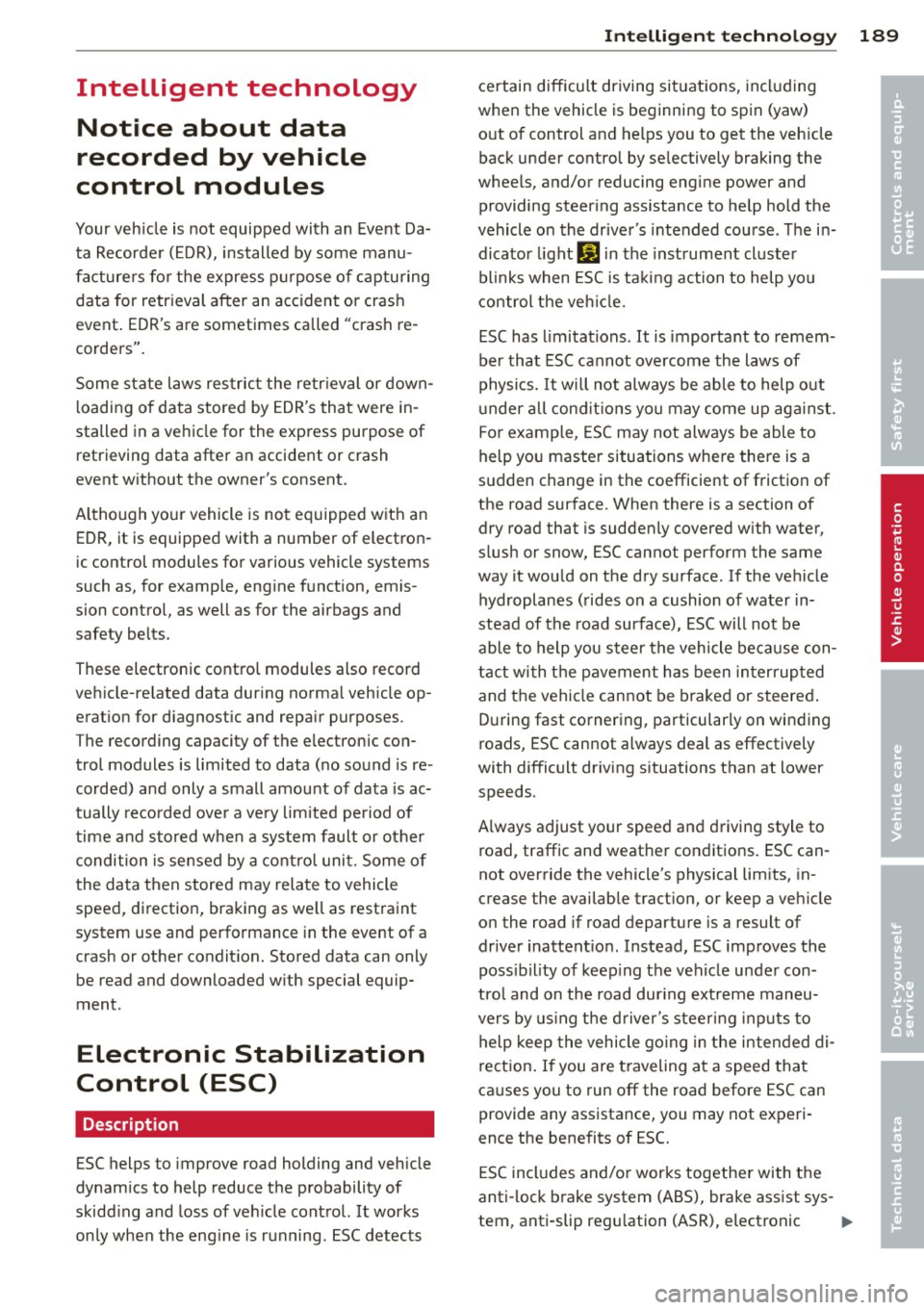AUDI RS7 SPORTBACK 2014 Owners Manual Intelligent technology Notice about data
recorded by vehicle
control modules
Your vehicle is not equipped with an Event Da
ta Recorder (EDR), installed by some manu
facturers fo AUDI RS7 SPORTBACK 2014 Owners Manual Intelligent technology Notice about data
recorded by vehicle
control modules
Your vehicle is not equipped with an Event Da
ta Recorder (EDR), installed by some manu
facturers fo