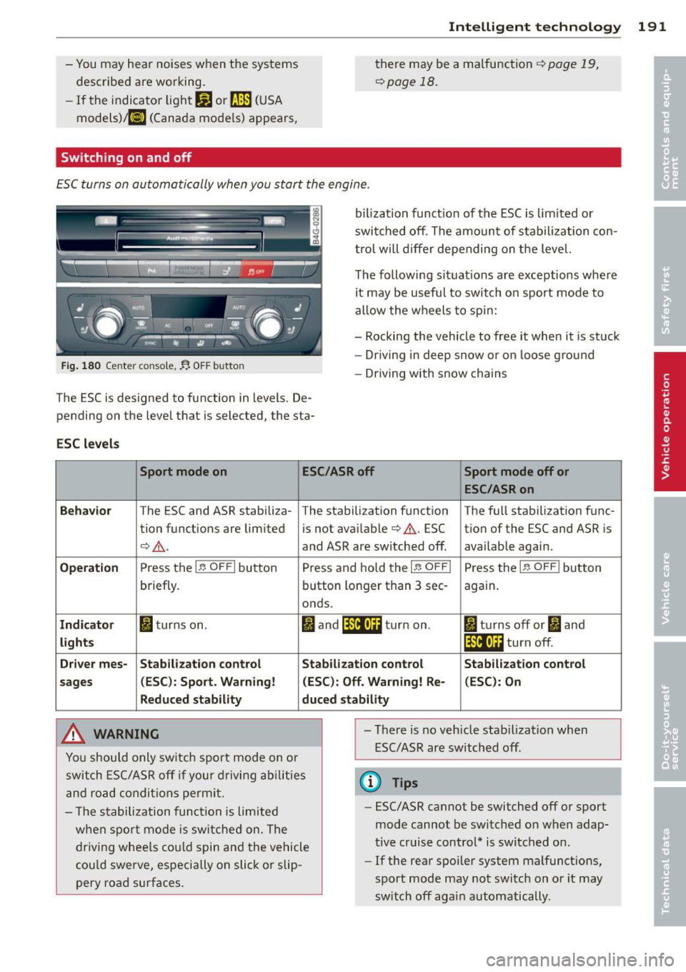 AUDI RS7 SPORTBACK 2014 Owners Manual -You may hear noises when the systems
described are working.
- If the indicator ligh t
DJ or flB (USA
models) @ (Canada models) appears,
Switching on and off
Intelligen t technolo AUDI RS7 SPORTBACK 2014 Owners Manual -You may hear noises when the systems
described are working.
- If the indicator ligh t
DJ or flB (USA
models) @ (Canada models) appears,
Switching on and off
Intelligen t technolo