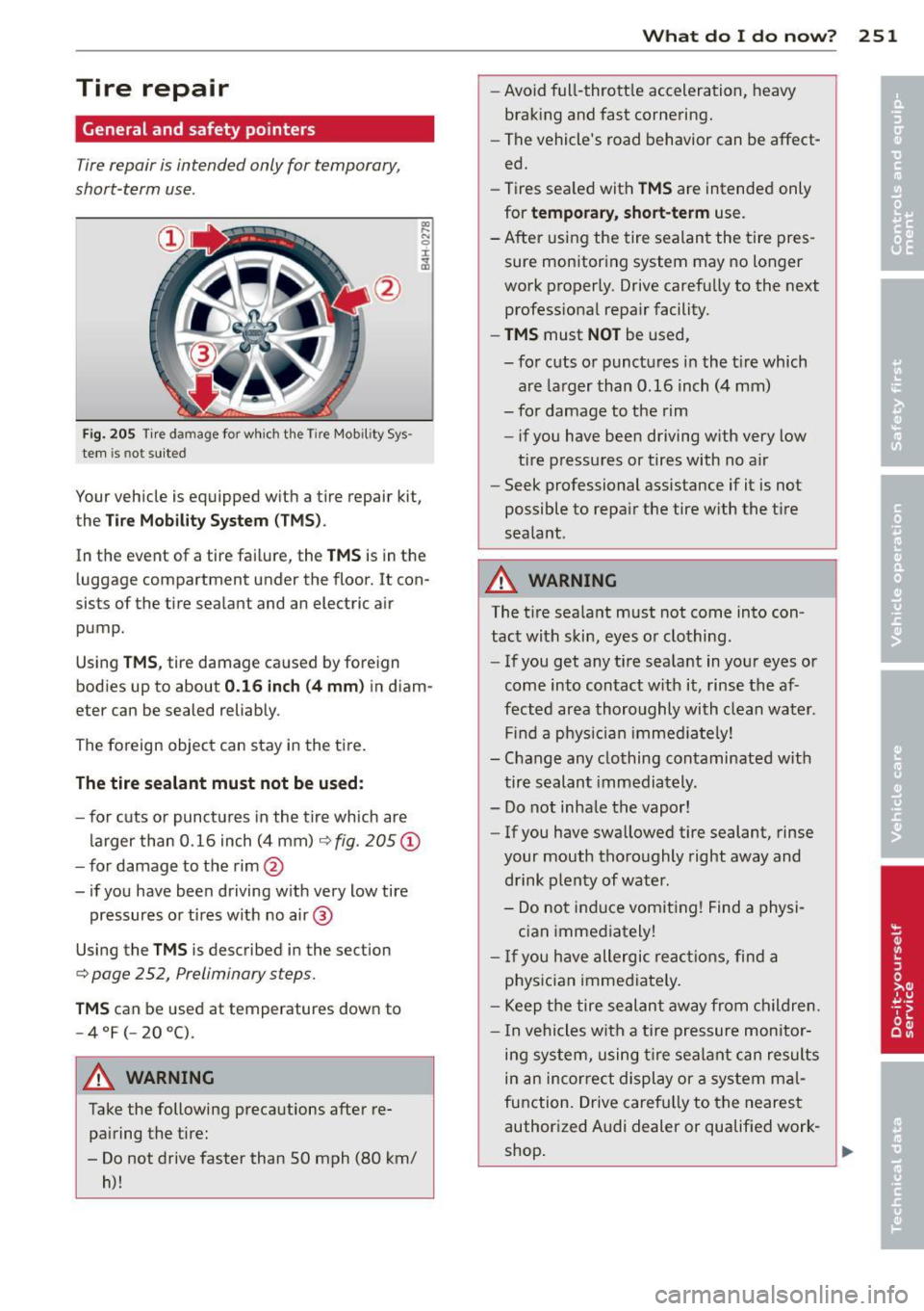 AUDI RS7 SPORTBACK 2014 Owners Manual Tire repair
General and safety pointers
Tire repair is intended only for temporary,
short -term use .
Fig. 205 Tire damage for w hich the Tire Mobil ity Sys ·
tern is not su it AUDI RS7 SPORTBACK 2014 Owners Manual Tire repair
General and safety pointers
Tire repair is intended only for temporary,
short -term use .
Fig. 205 Tire damage for w hich the Tire Mobil ity Sys ·
tern is not su it