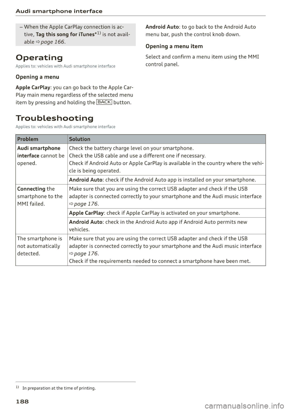 AUDI TT COUPE 2020  Owners Manual Audi smartphone interface 
  
— When the Apple CarPlay connection is ac- Android Auto: to go back to the Android Auto 
tive, Tag this song for iTunes*» js not avail- menu bar, push the control knob