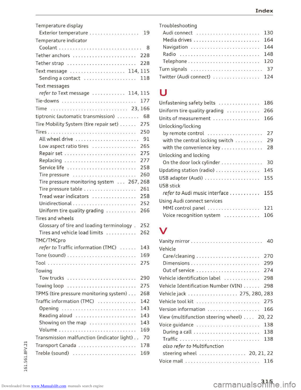 AUDI TT COUPE 2016  Owners Manual Downloaded from www.Manualslib.com manuals search engine ..... 
Temperature display 
Exterior 
temperature .  . . . .  . . .  . .  . .  . . . .  . . 19 
Temperature  indicator 
Coolant . .  . .  . .  
