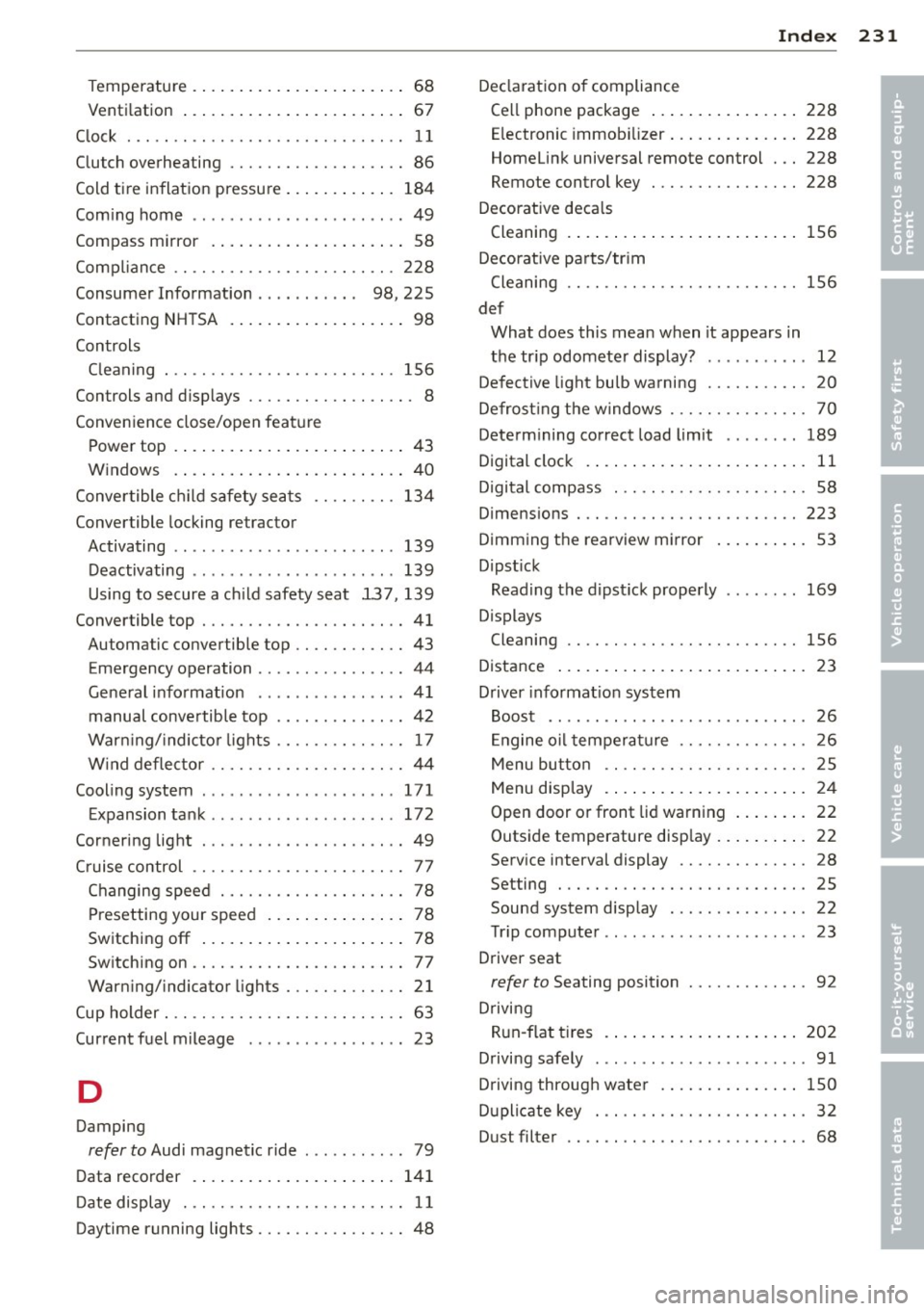 AUDI TT ROADSTER 2015 Owners Manual _______________________________ ___:I~n ~d ~e:.::x 231
Temperature ... ... .... ... .. .. .. .... 68
Venti lation ..... .. .... ... .. .. .. .... 67
C lock ..... ................... .. ....
AUDI TT ROADSTER 2015 Owners Manual _______________________________ ___:I~n ~d ~e:.::x 231
Temperature ... ... .... ... .. .. .. .... 68
Venti lation ..... .. .... ... .. .. .. .... 67
C lock ..... ................... .. ....