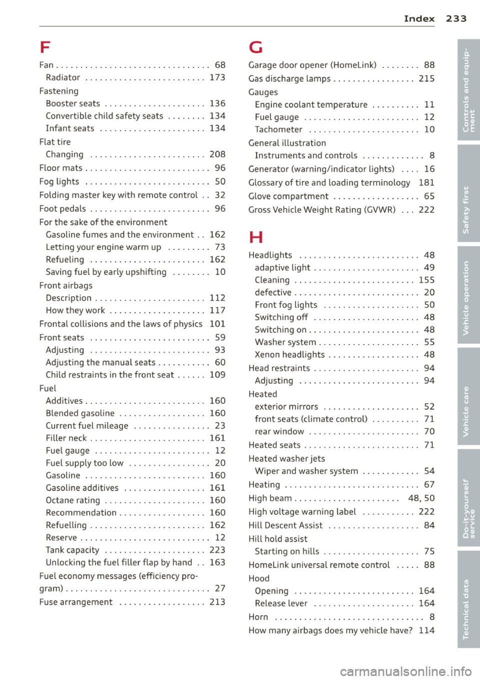 AUDI TT ROADSTER 2015 Owners Manual F
Fan ... .. .. .. .. .... .. .... ... .. .. .... 68
Radiator ... .. ... .. ..... ... .. .. ... 173
F astening
Booste r seats ............ .. .. .. .. . 136
Conve rtible c hild s afety s AUDI TT ROADSTER 2015 Owners Manual F
Fan ... .. .. .. .. .... .. .... ... .. .. .... 68
Radiator ... .. ... .. ..... ... .. .. ... 173
F astening
Booste r seats ............ .. .. .. .. . 136
Conve rtible c hild s afety s